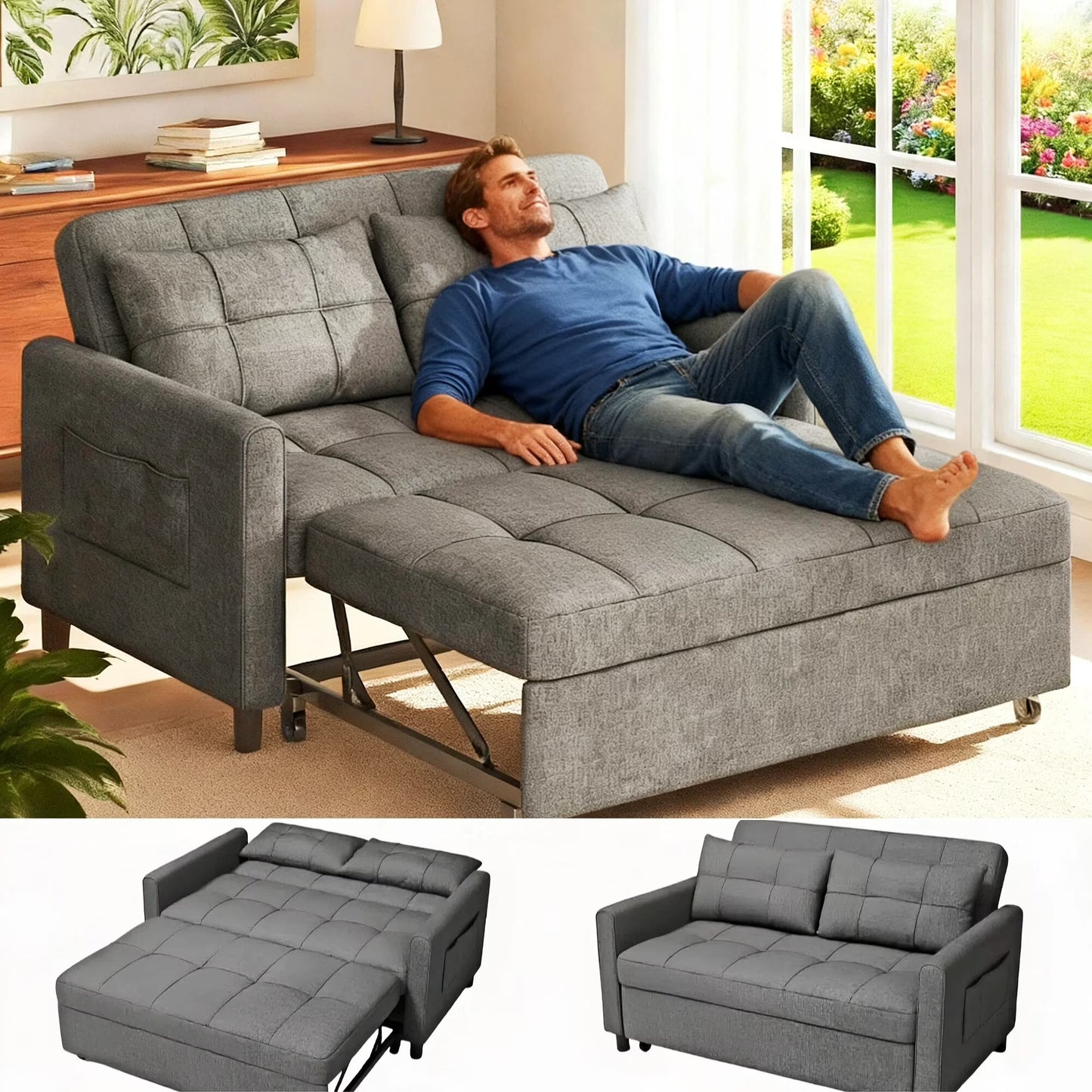 Sofa Bed, Lofka 3-in-1 Convertible Sleeper Sofa with Storage, Adjustable Backrest Pull Out Function - Sleeper Chair for Small Space, Apartment, Dark Grey(53.2''Sofa Bed - Dark Gray)