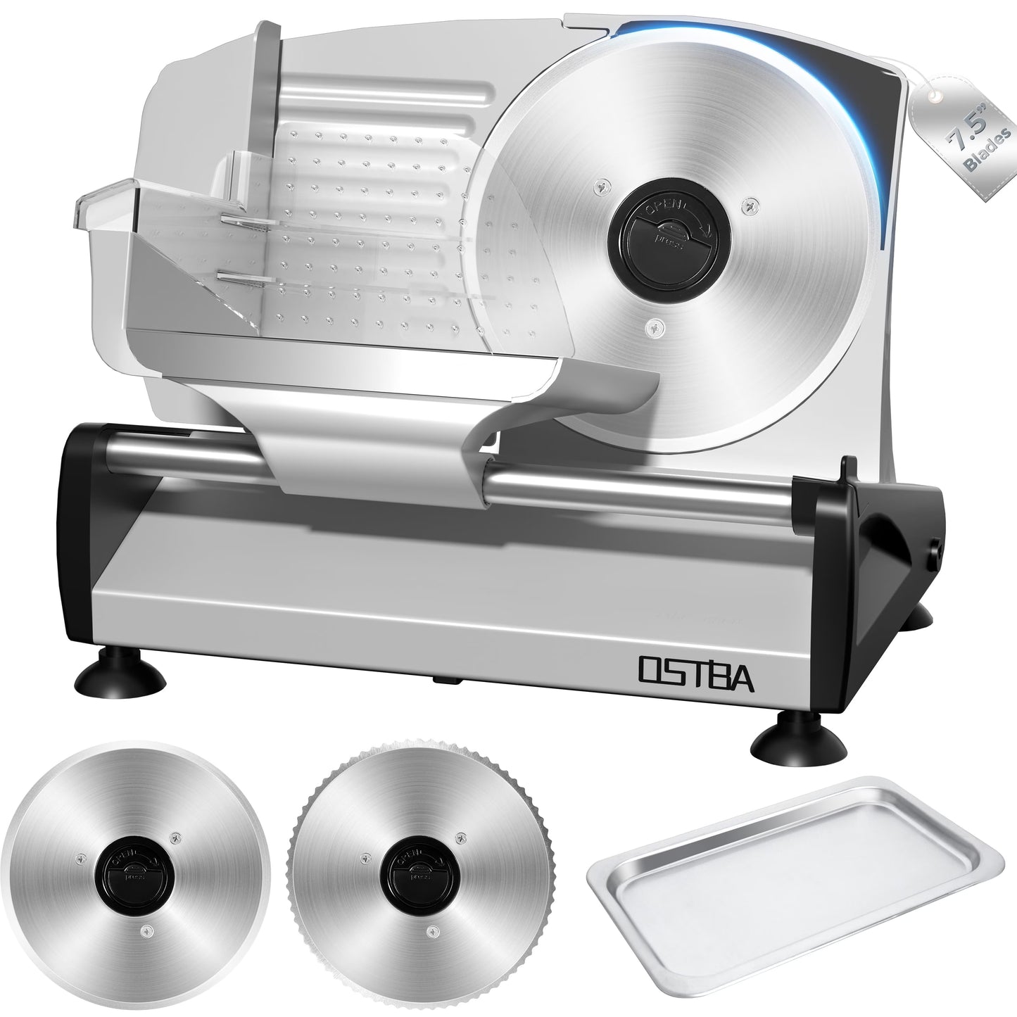 OSTBA Meat Slicer with Quiet DC Motor, 200W Electric Deli Slicer, Dual 7.5'' Stainless Steel Blades, 0-15mm Adjustable Thickness, Easy to Clean, Ideal for Meat, Cheese, Bread, and Vegetables