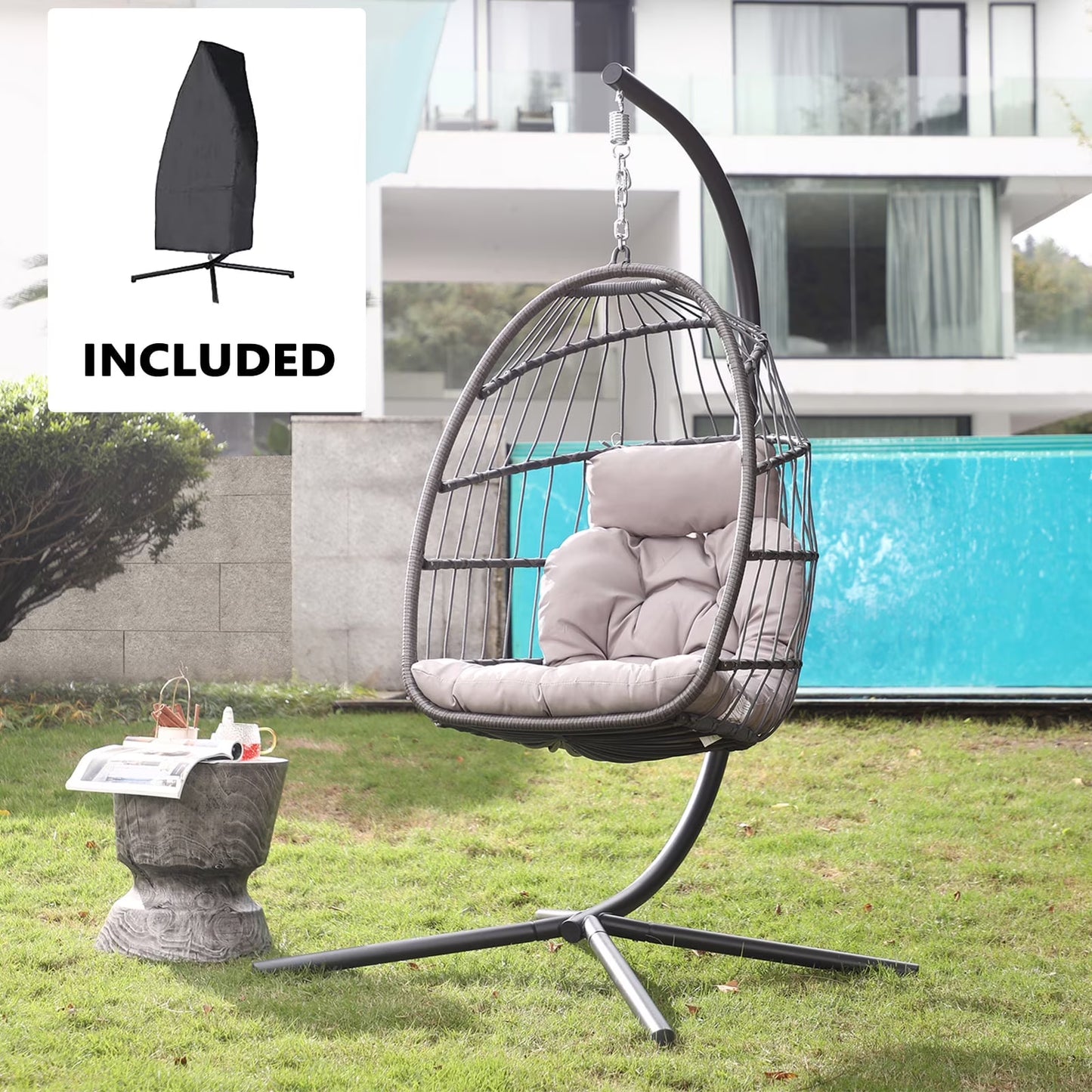 Indoor Outdoor Swing Egg Chair with Stand, Patio Foldable Grey Wicker Rattan Hanging Chair with Cushion, Light Gray(Swing Egg Chair-Light Gray)