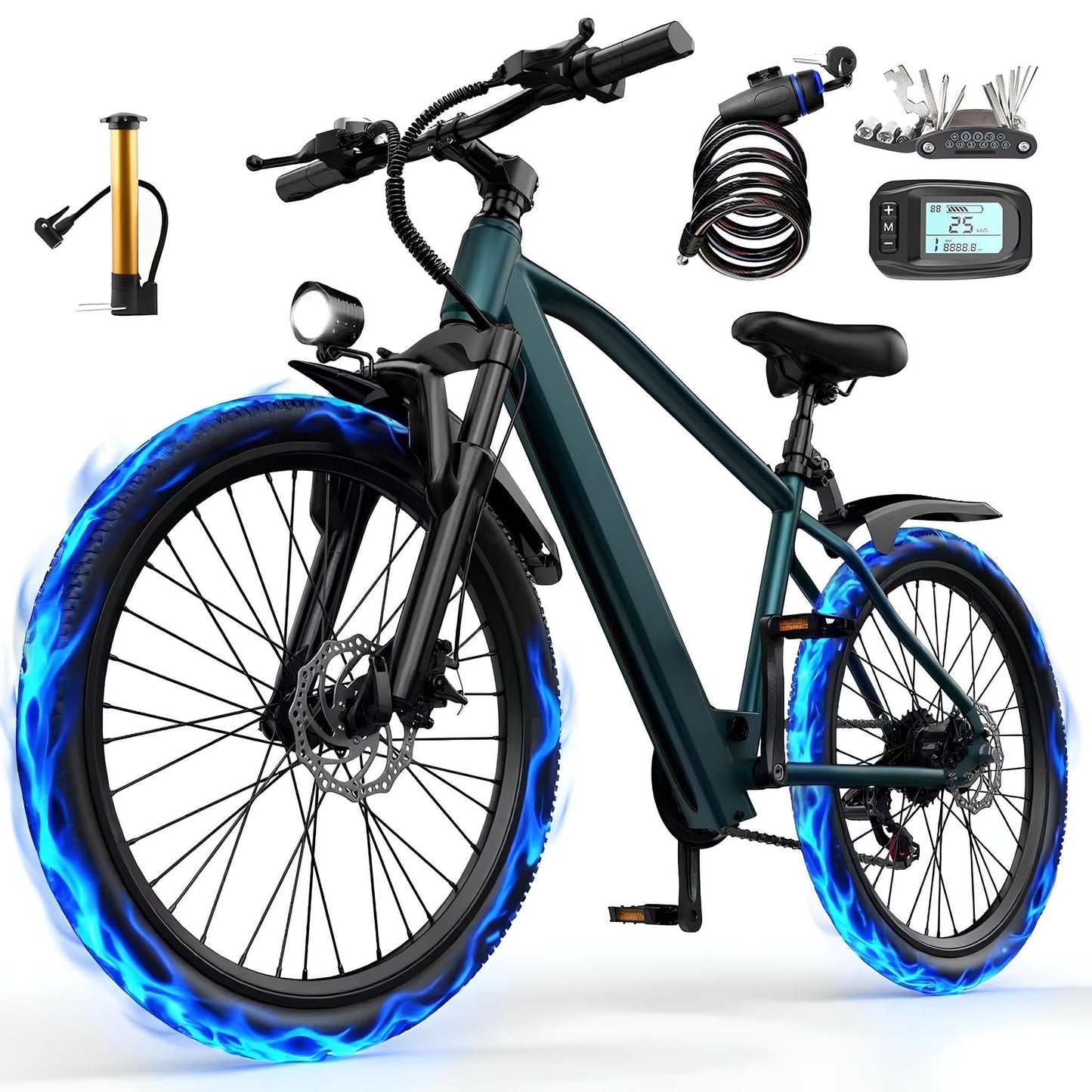 26" Electric Bike for Adult,400W Motor,Top Speed 25MPH,40Miles Long Range,City Commuting E-bicycle With Front Fork Suspension, Dual Disc Brakes(Green)
