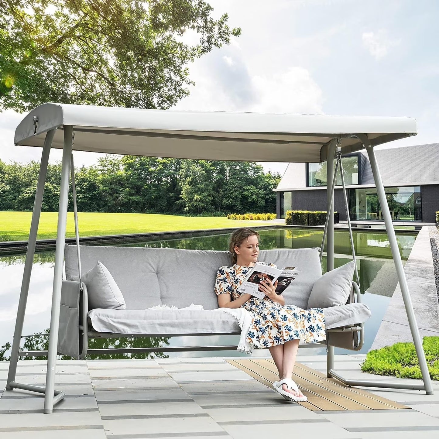 CHINNLUU Oversized 4 Person Porch Swing with Stand 800 LBS Capacity Adjustable Canopy Backrest Includes Cushions Pillows Patio 2 in 1 Swing Bed for Backyard Garden Poolside, Champagne(Champagne)