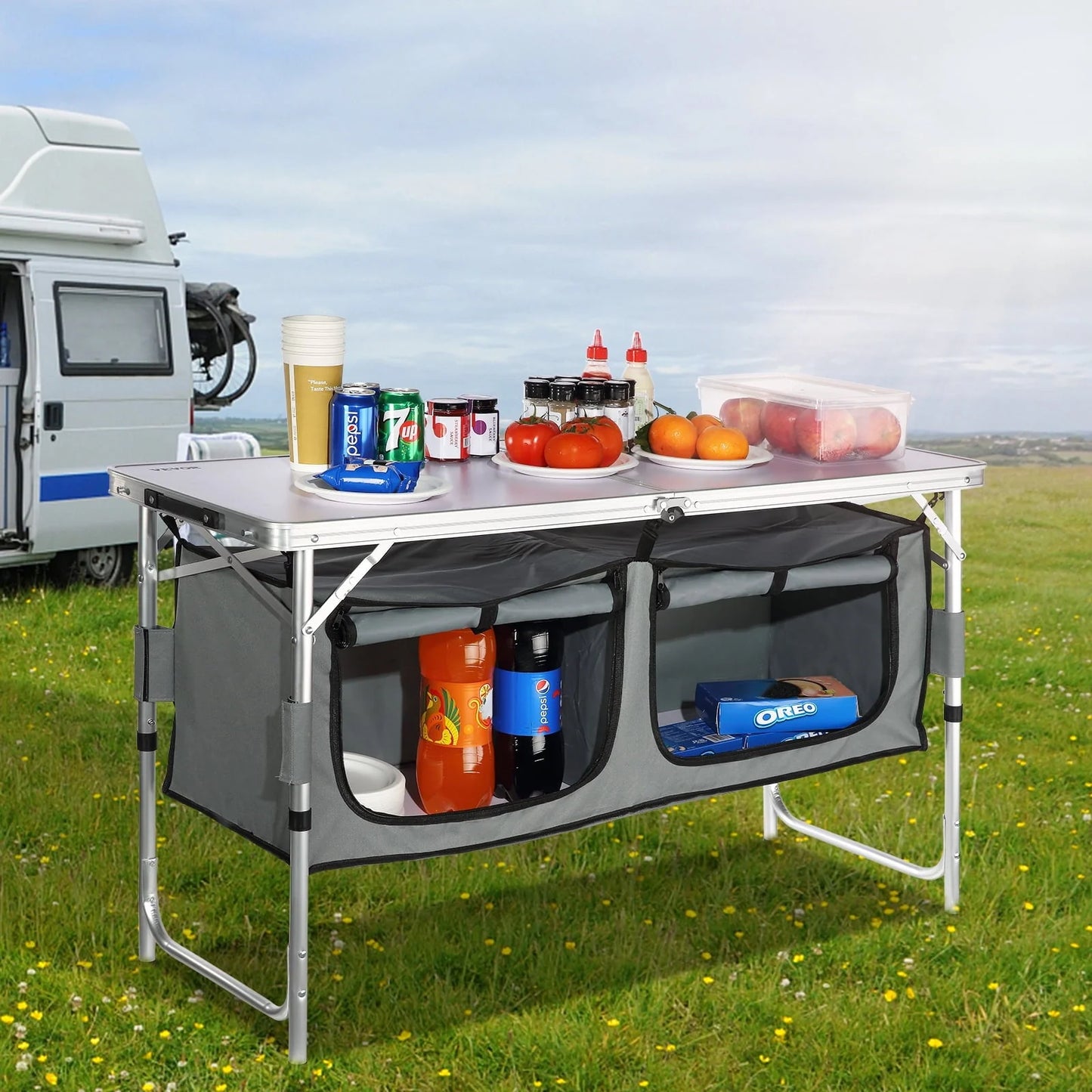 BENTISM Camping Kitchen Table Folding Portable Cook Station 3 Adjustable Heights