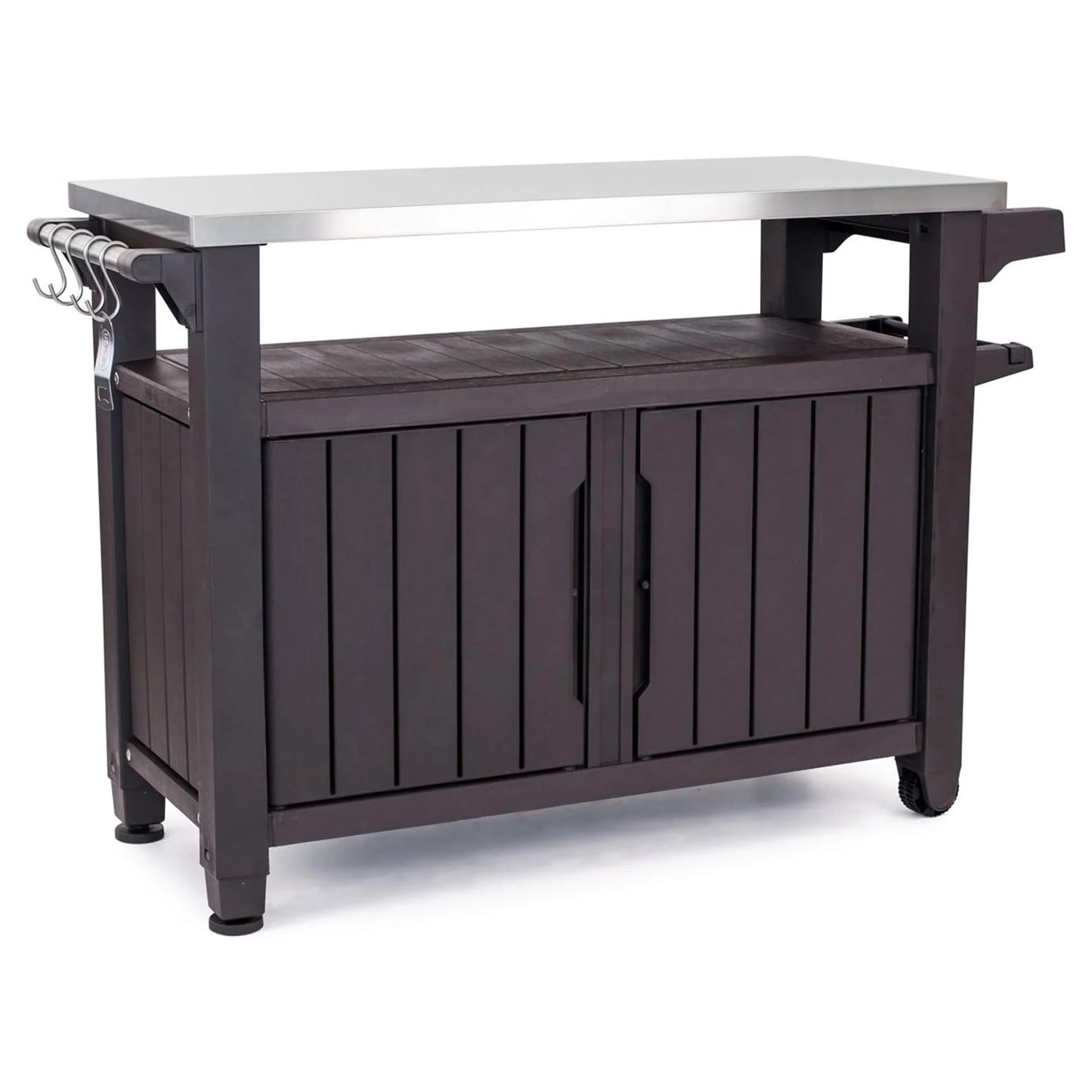 Keter Unity XL Outdoor Kitchen Bar Rolling Cart with Storage Cabinet, Brown(Stainless Steel)