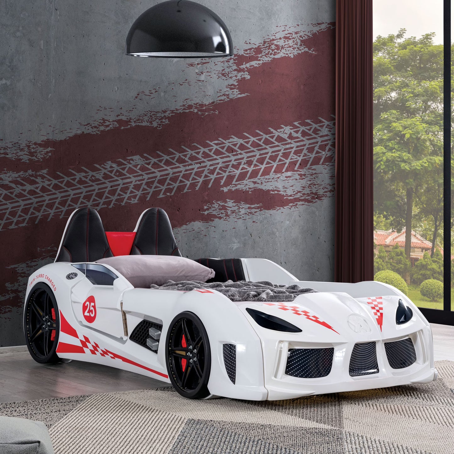 Furniture of America Dash Kids Plastic Twin Race Car Bed with LED and Sound, White(White)
