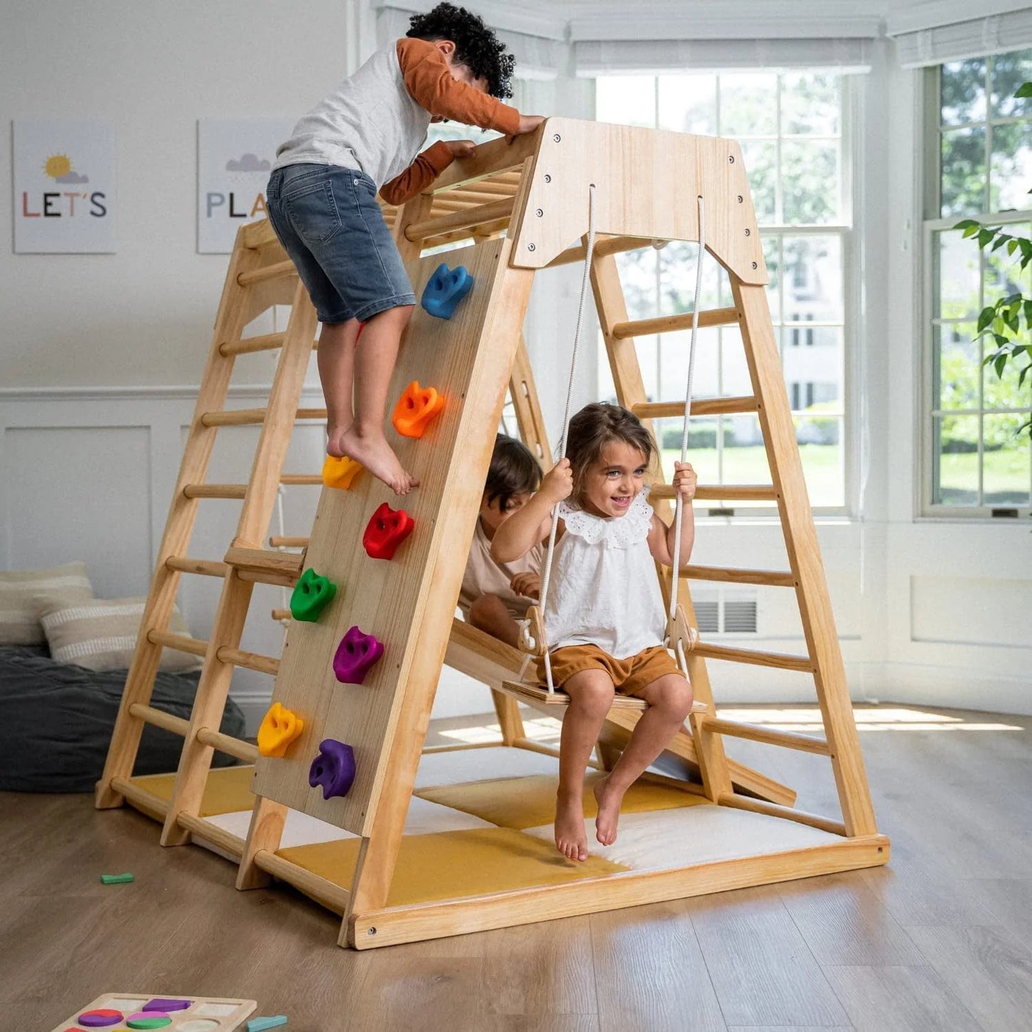 Avenlur Indoor Toddler and Child Indoor Gym Playground Climber - Real Wooden Playset 6-in-1 Slide, Rock Climb Wall, Rope Wall Climbing, Monkey Bars, Swing, Ladder Fun Gym for Children