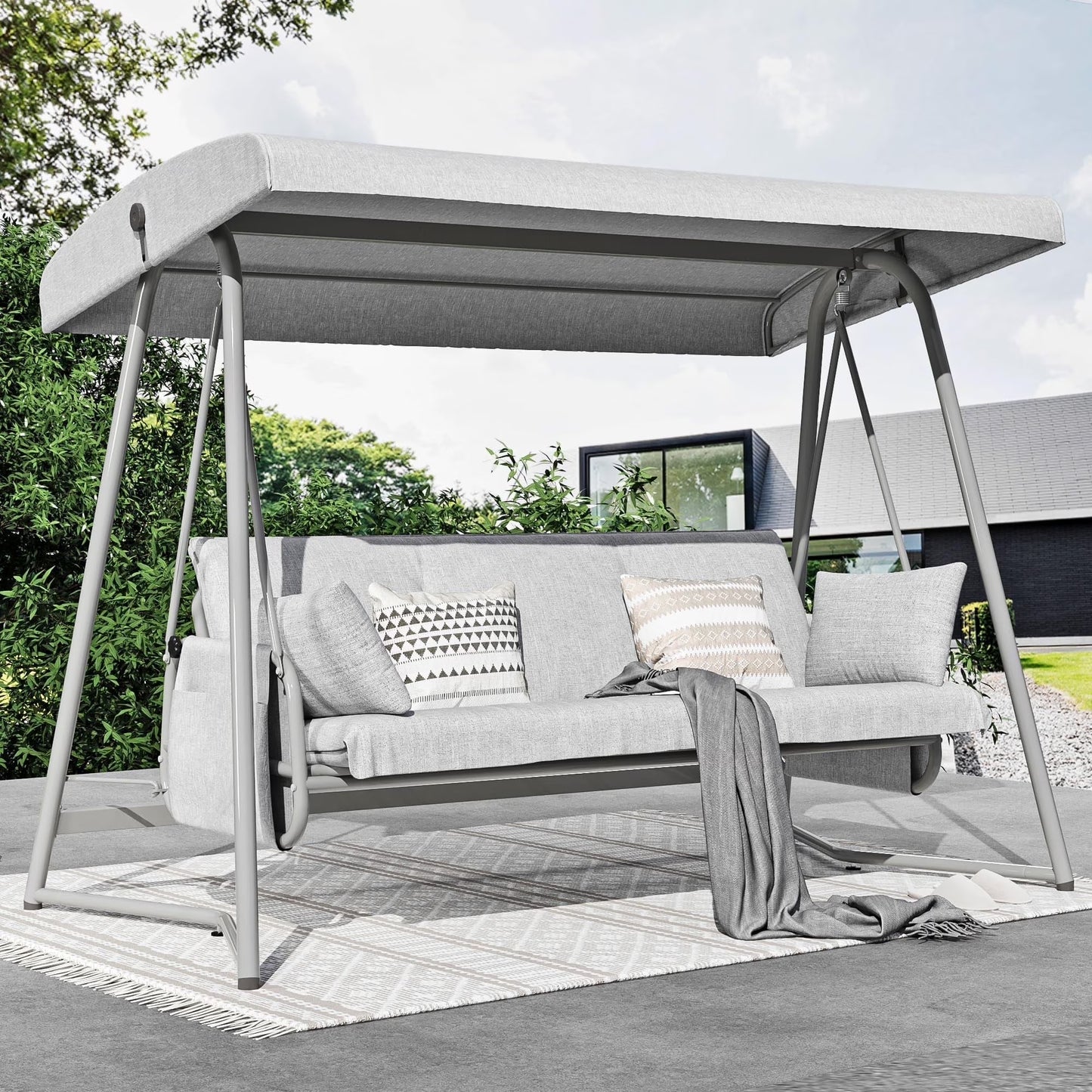 TQKVIPI Oversized 4 Person Outdoor Porch Swing with Adjustable Backrest Canopy,2-in-1 Swing Bed 800 lbs Capacity,Patio Swing with Removable Cushions for Yard Garden Poolside Balcony(Champagne)