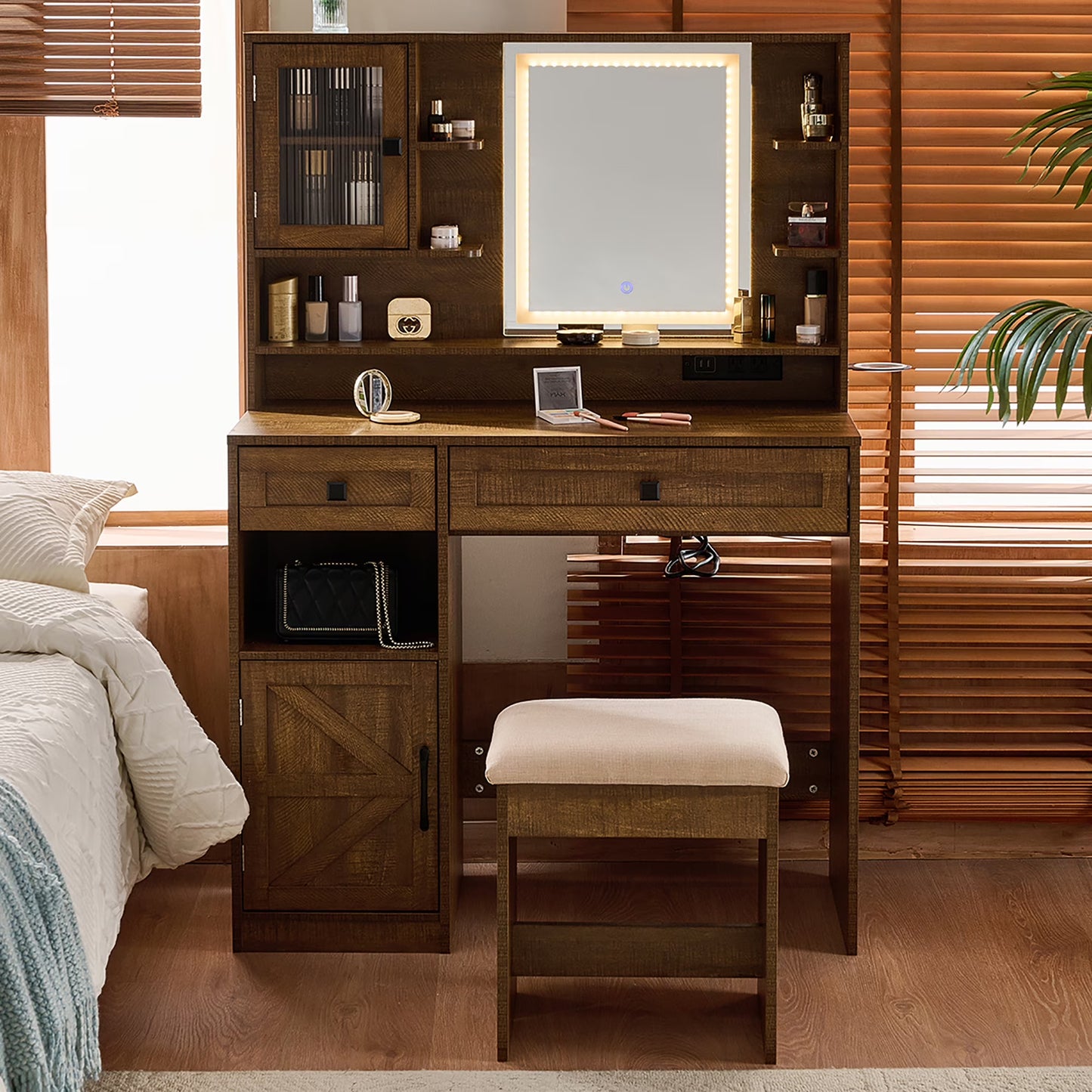 Farmhouse Makeup Vanity Desk with Mirror and Lights,Dressing Table Set with Charging Station and Stool,Drawers,Shelves and Side Cabinet,White(Brown)