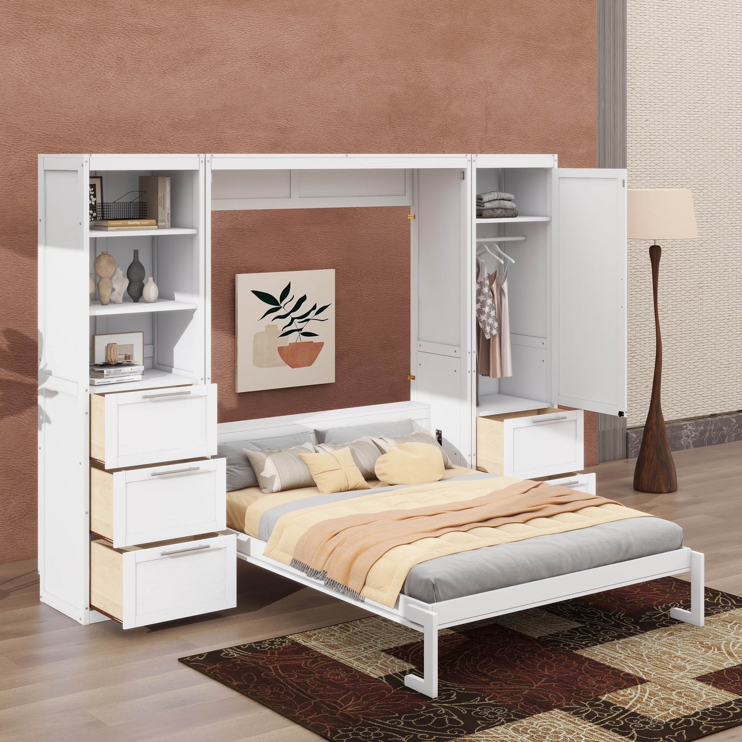 YunNianYang Queen Size Gray Murphy Bed Wall Bed with Closet ,Drawers and Shelves(White)