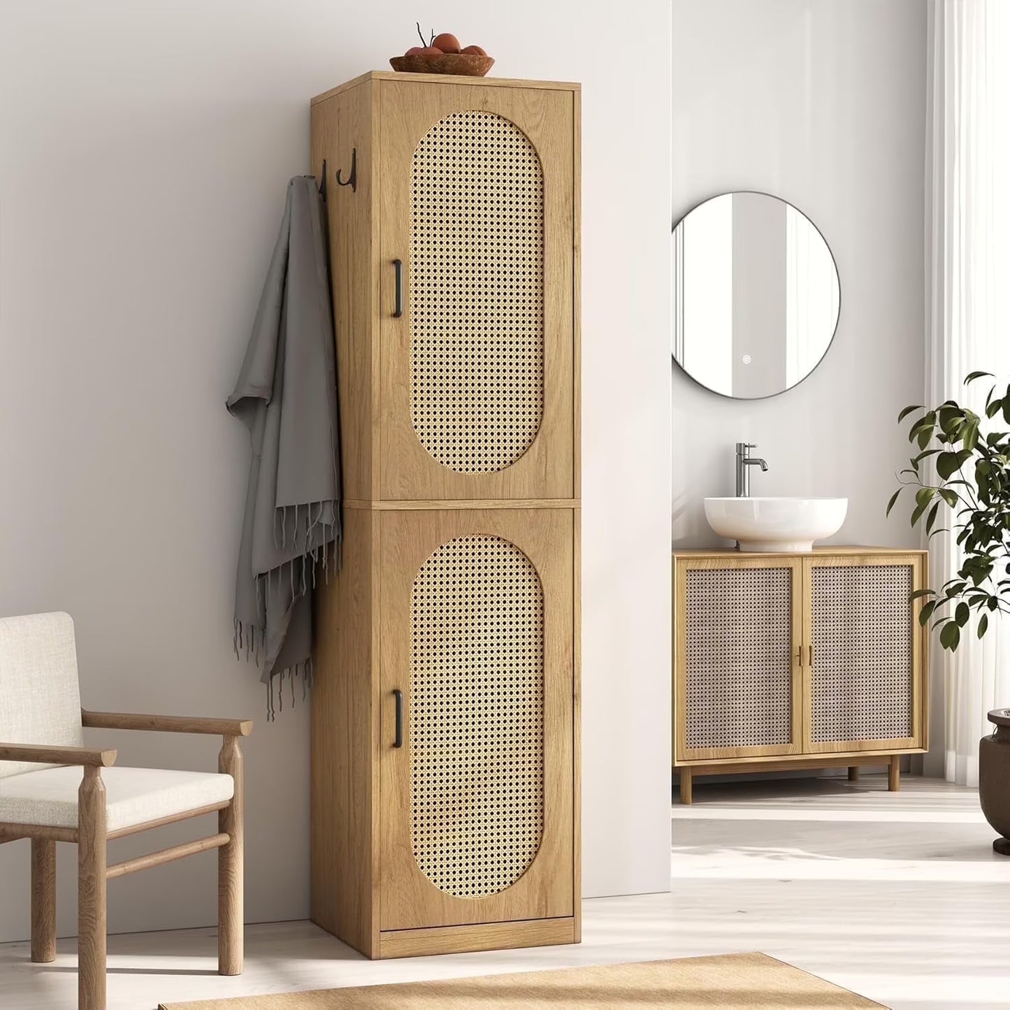 66-Inch Bathroom Storage Cabinet with Rattan Doors, Bath Room Organizer Floor Cabinets Brown