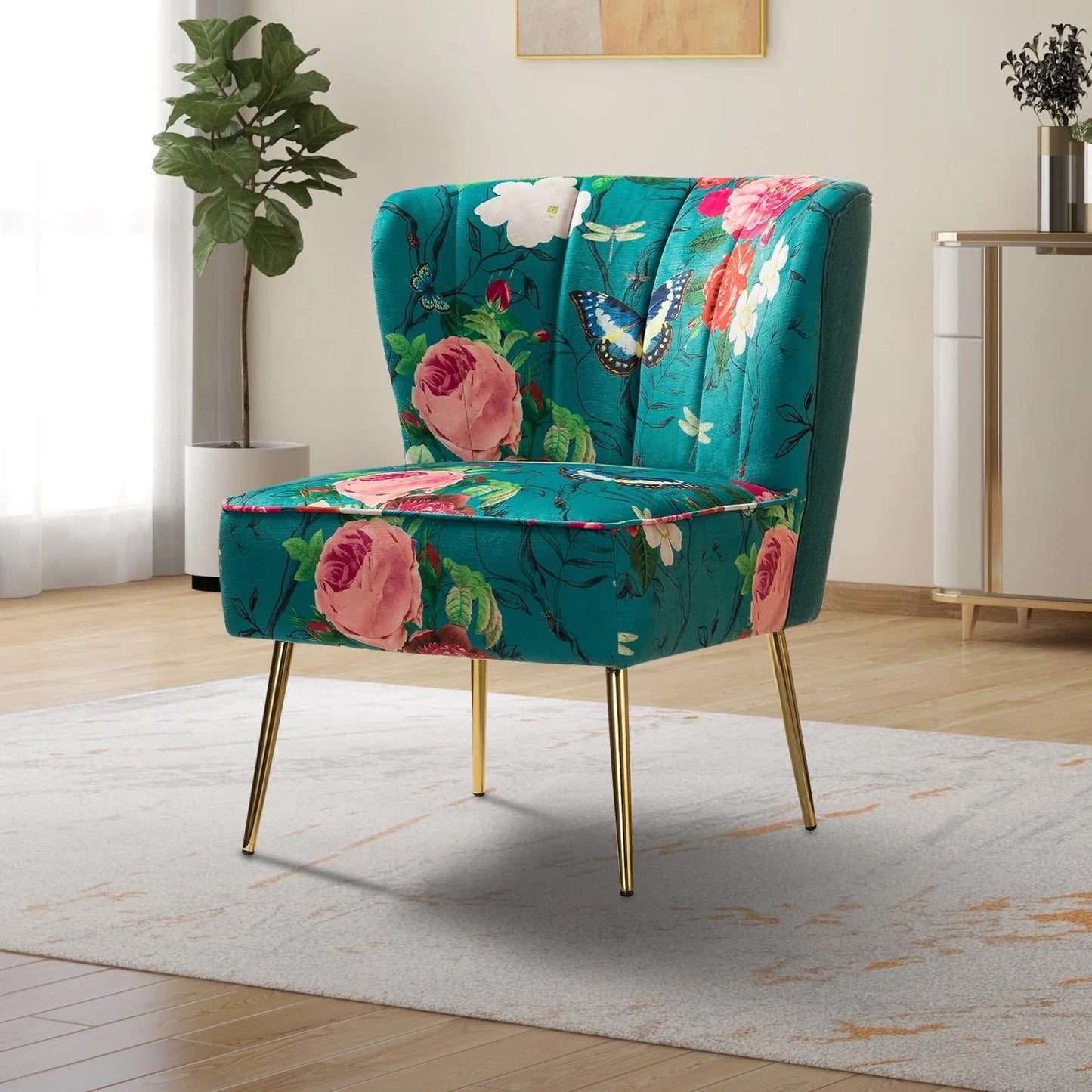 14 Karat Home Modern Floral Accent Armless Side Chair Metal Base Tufted Back Adult Bedroom Blue(1/BLACK)