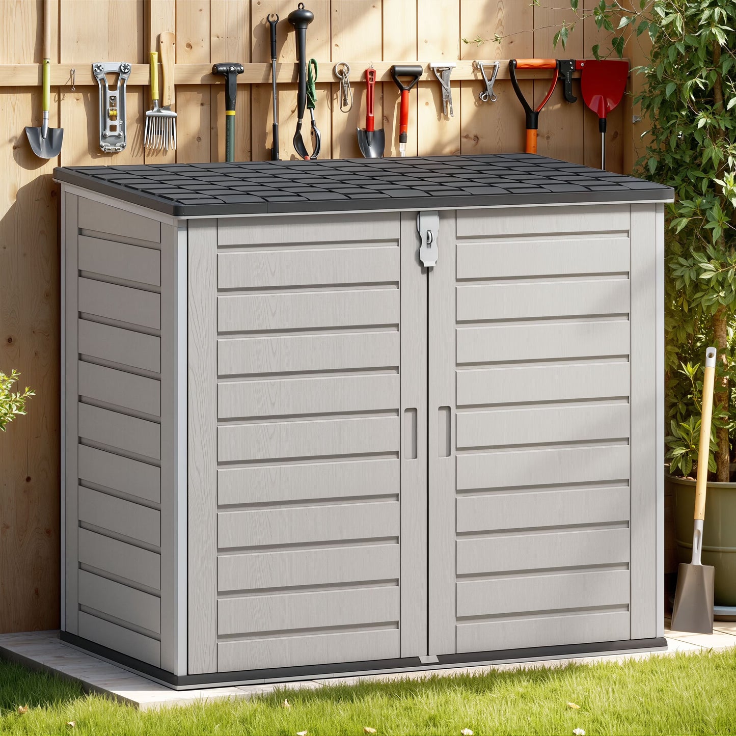 51 Cu Ft Outdoor Storage Shed, Resin Storage Cabinet with Door Lock, Multi-Purpose Outdoor Shed for Garbage Cans, Garden Tools, Bikes, Easy to Assemble, Gray(Gray)