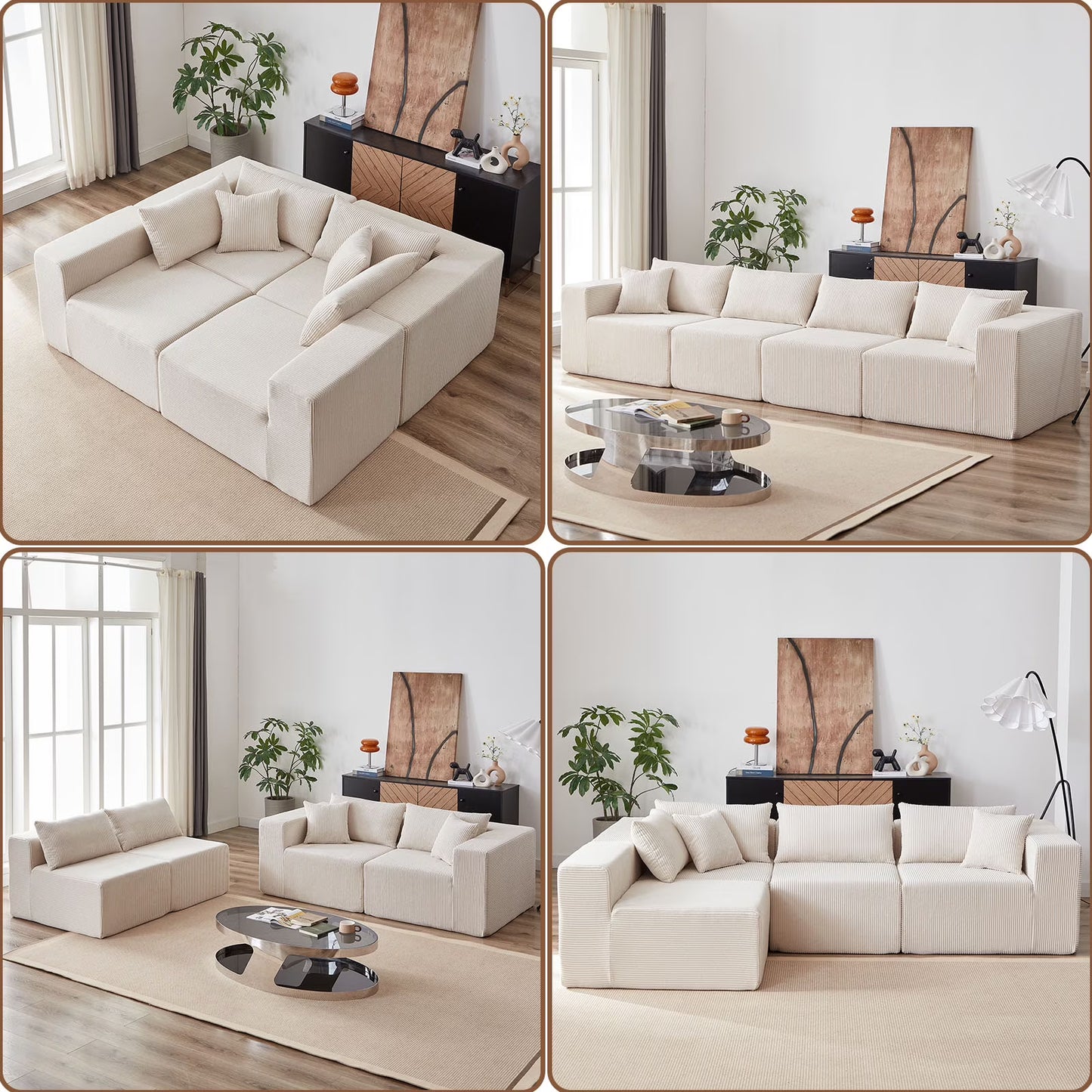 104-Inch Corduroy Modular L Shaped Sectional Sofa,Luxury Floor Couch Set,Upholstered Indoor Furniture,Foam-Filled Compressed Sofa for Living Room,Bedroom,4 PC Free Combination ?(Beige + Corduroy)
