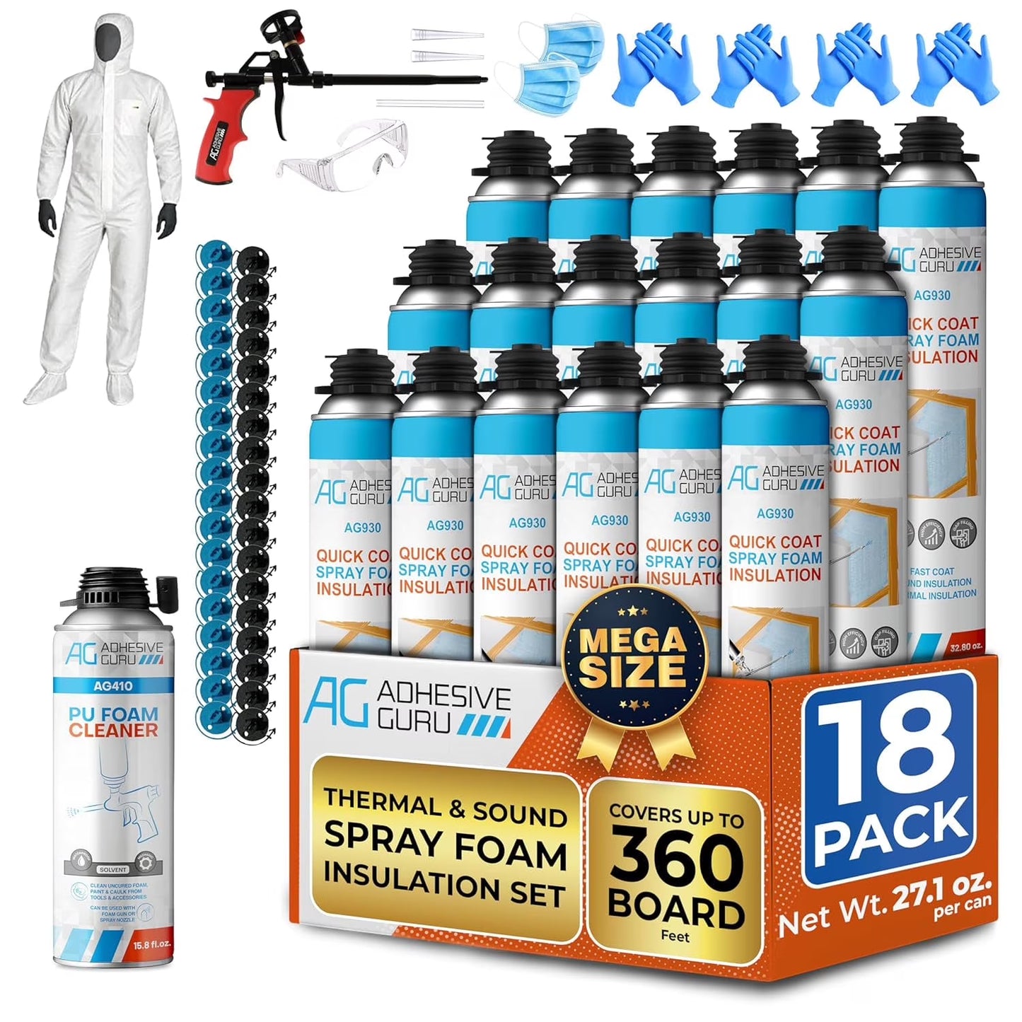 Adhesive Guru Spray Foam Insulation Kit (18 x 32.80 oz/930 gr - 360 Board feet), Self-Expanding Adhesive Foam, Closed Cell Heat Insulation Acustic Spray with Cleaner and Dispensing Gun- 18 Pack
