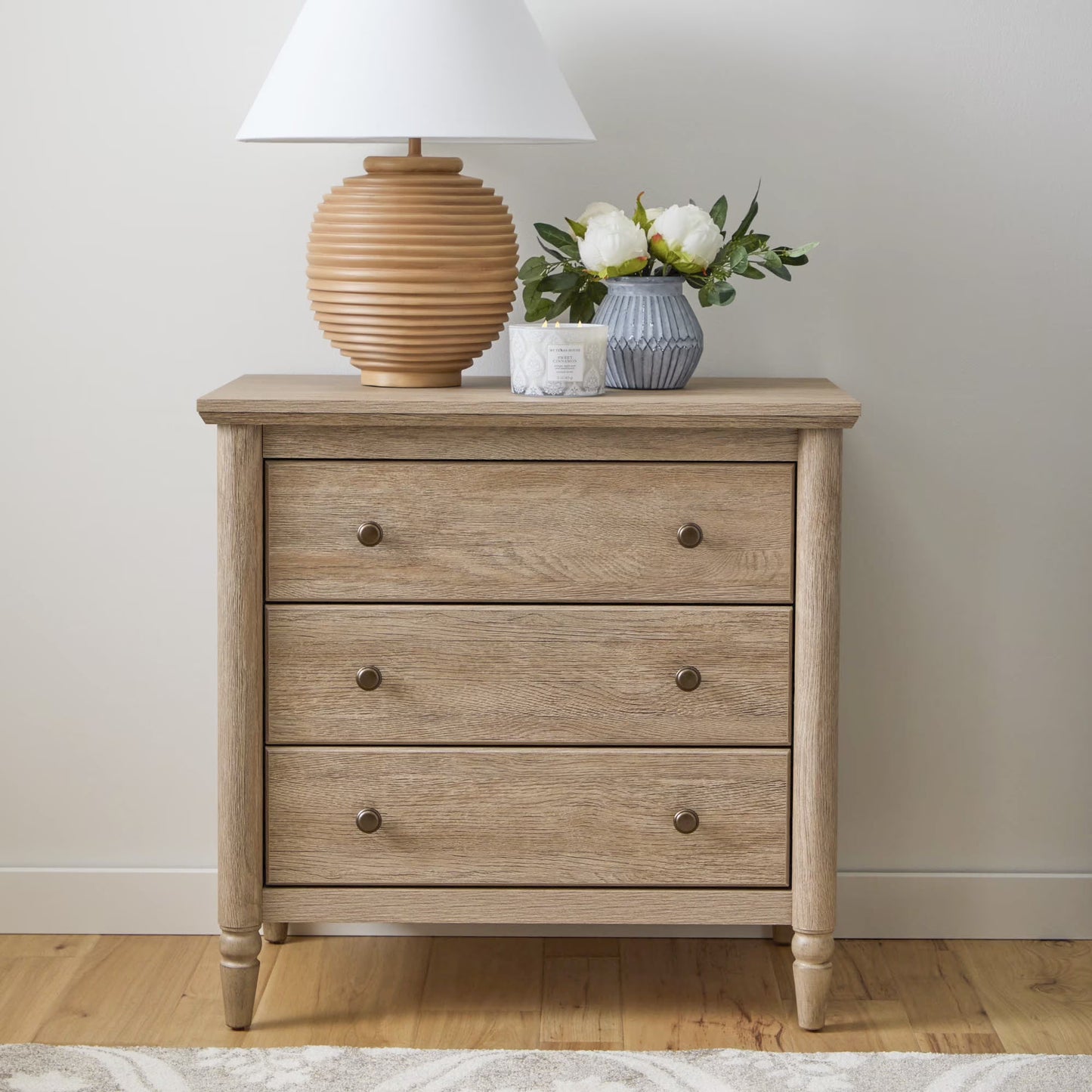My Texas House Monroe 3 Drawer Nightstand with USB, Brushed Oak Finish(Single)