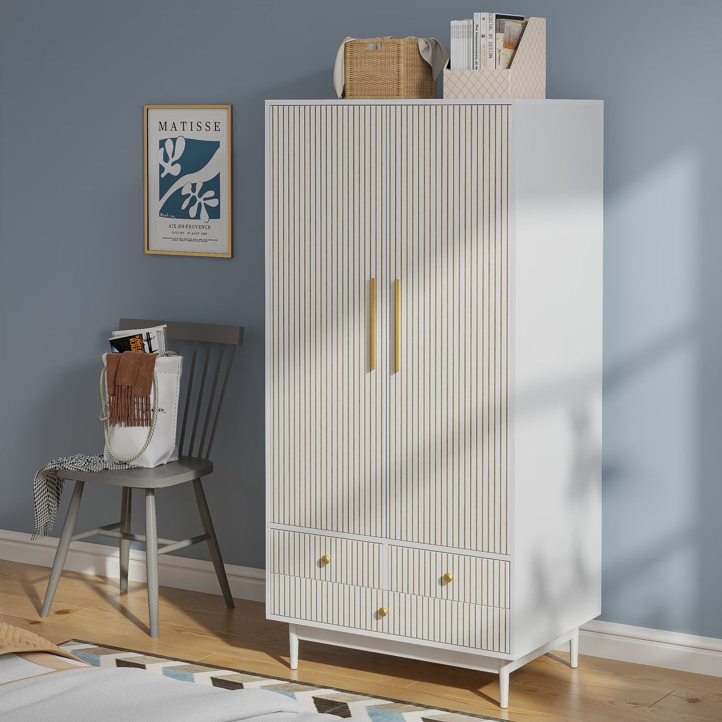 Armoire Wardrobe Closet, Closet Wardrobe Cabinet with Drawers and Hanging Rail for Bedroom, White(White)