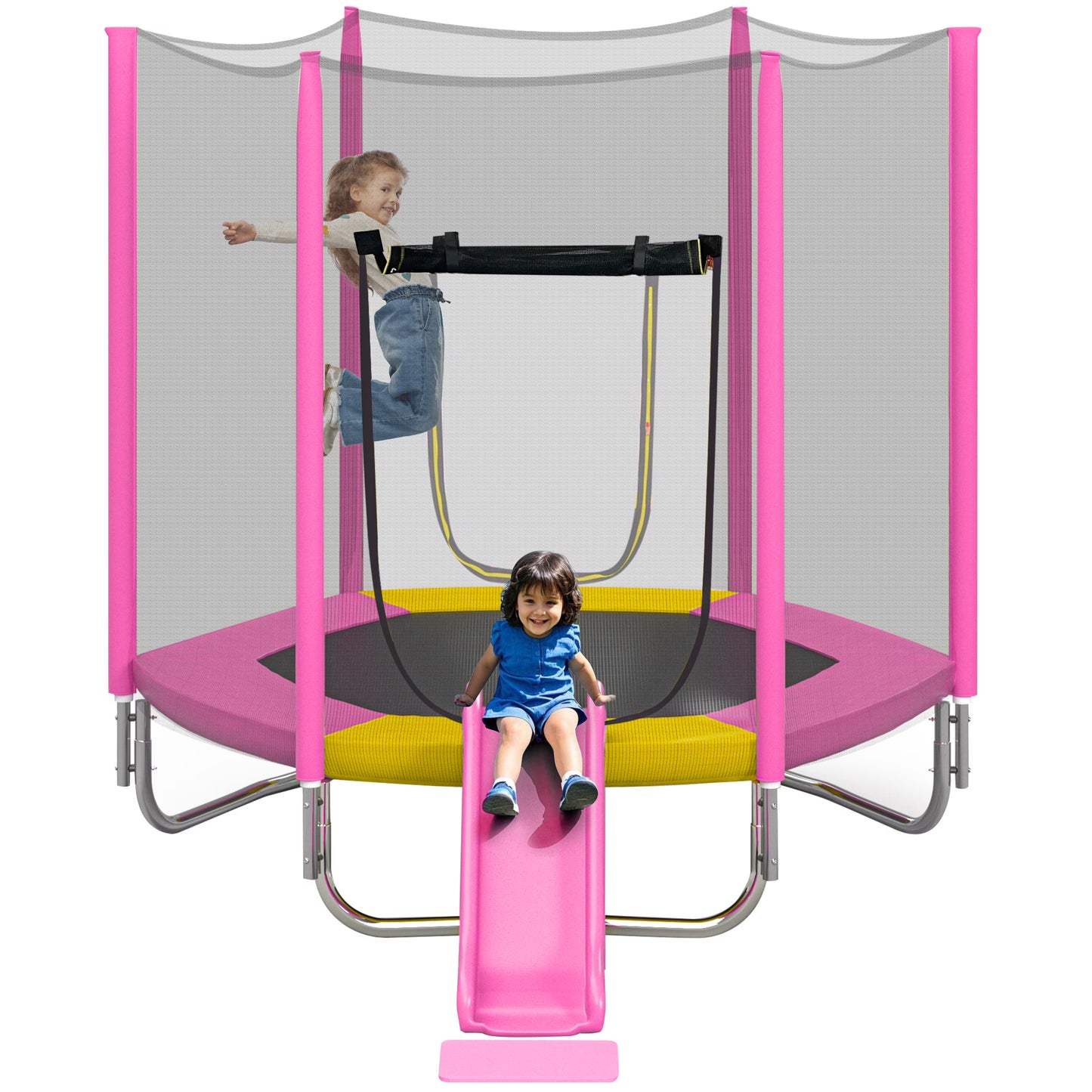 EUROCO 7FT Trampoline with Removable Slide, Kids Indoor Outdoor Trampoline with Enclosure Net and Ladder, Pink(Pink)