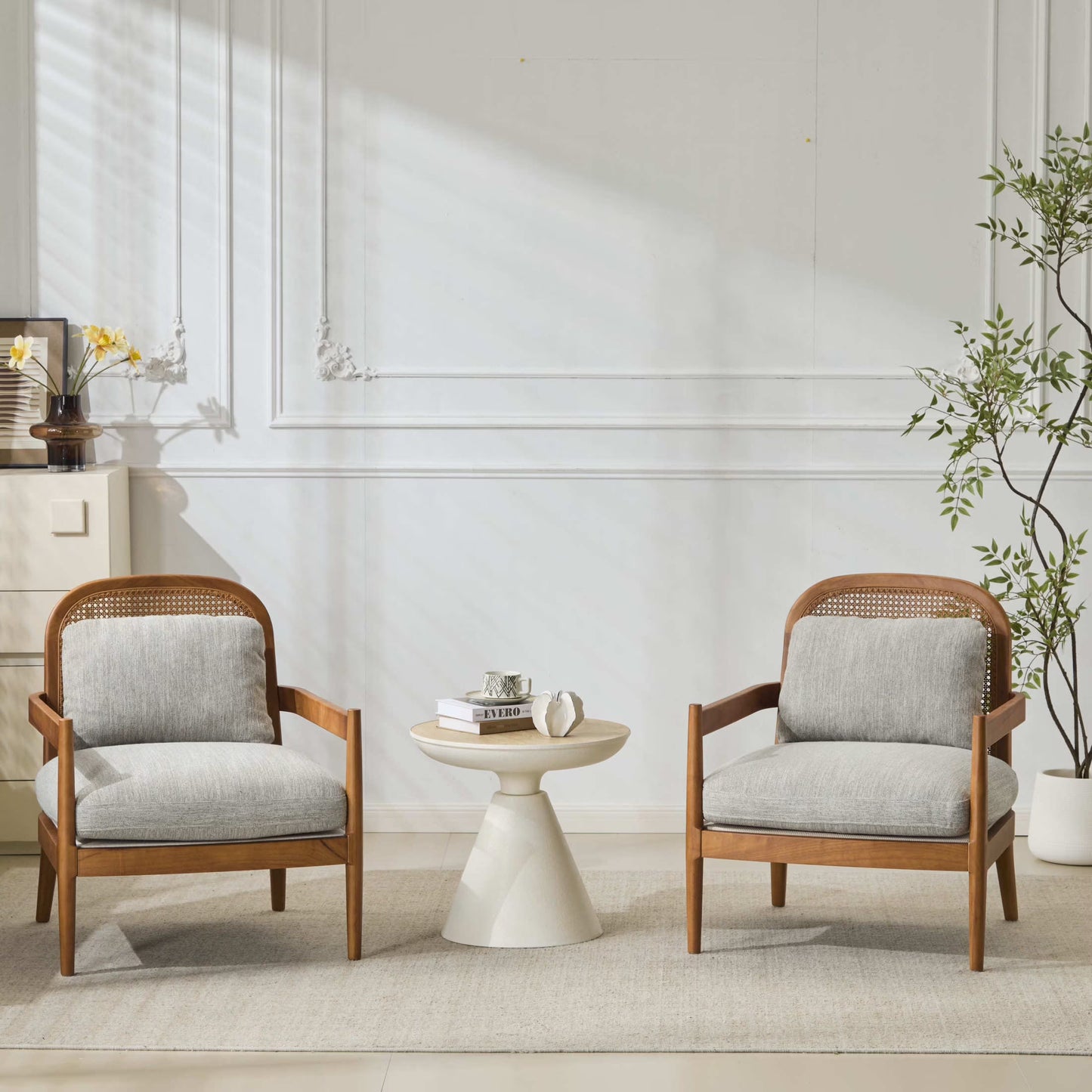 Christopher Knight Home Mid-Century Modern Accent Chairs, Wood Frame with Rattan Backrest, Grayish Green, Set of 2(Grayish-Green + Walnut)