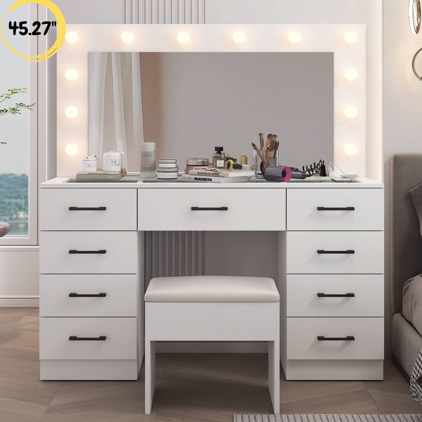 Ktaxon Large Makeup Vanity, Vanity Table Set w/ Visible Glass Top w/ Charging Station, White(White-9 Drawer)