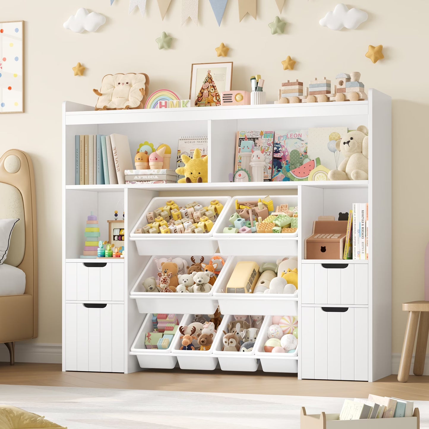 Homfa Kids Toy Storage Organizer with Removable Bin, Kids Bookshelf and Bookcase Toy Box with Drawers for Playroom, Classroom, White(White)