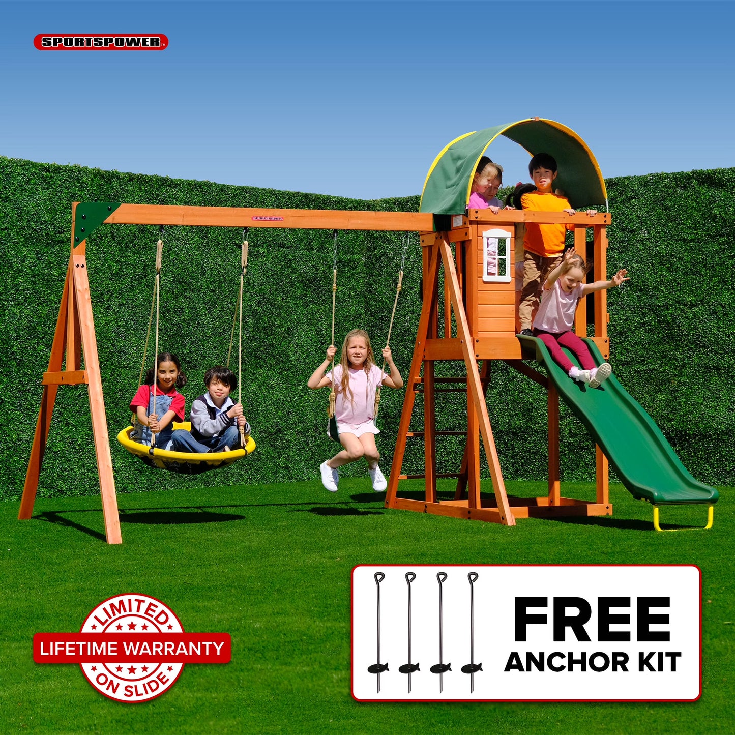 Sportspower Amelia Wooden Swing Set with 2-Person Saucer Swing, 6' Blow Molded Slide, Swing, Play Fort, Heavy Duty Double A-Frame, Lifetime Warranty on Slide(Green)
