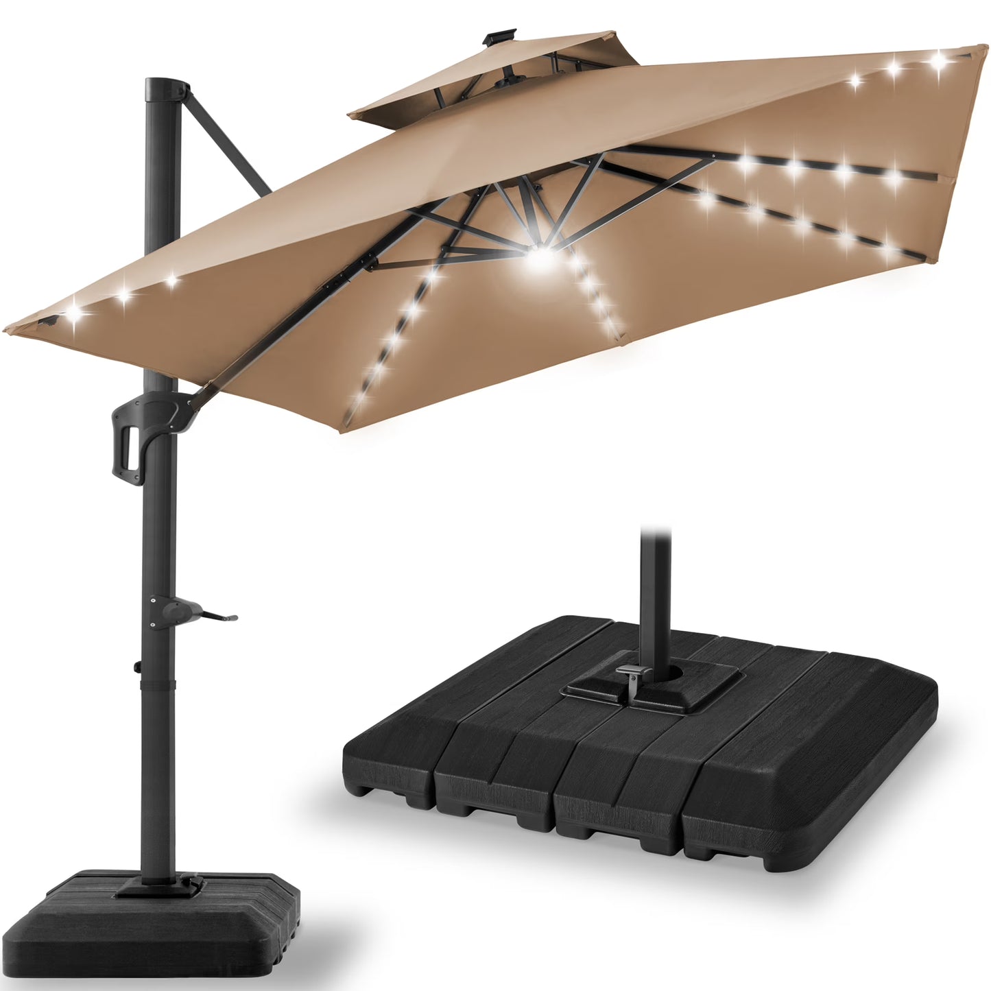 Best Choice Products 10x10ft 2-Tier Square Outdoor Solar LED Cantilever Patio Umbrella w/ Base Included - Tan(Tan)