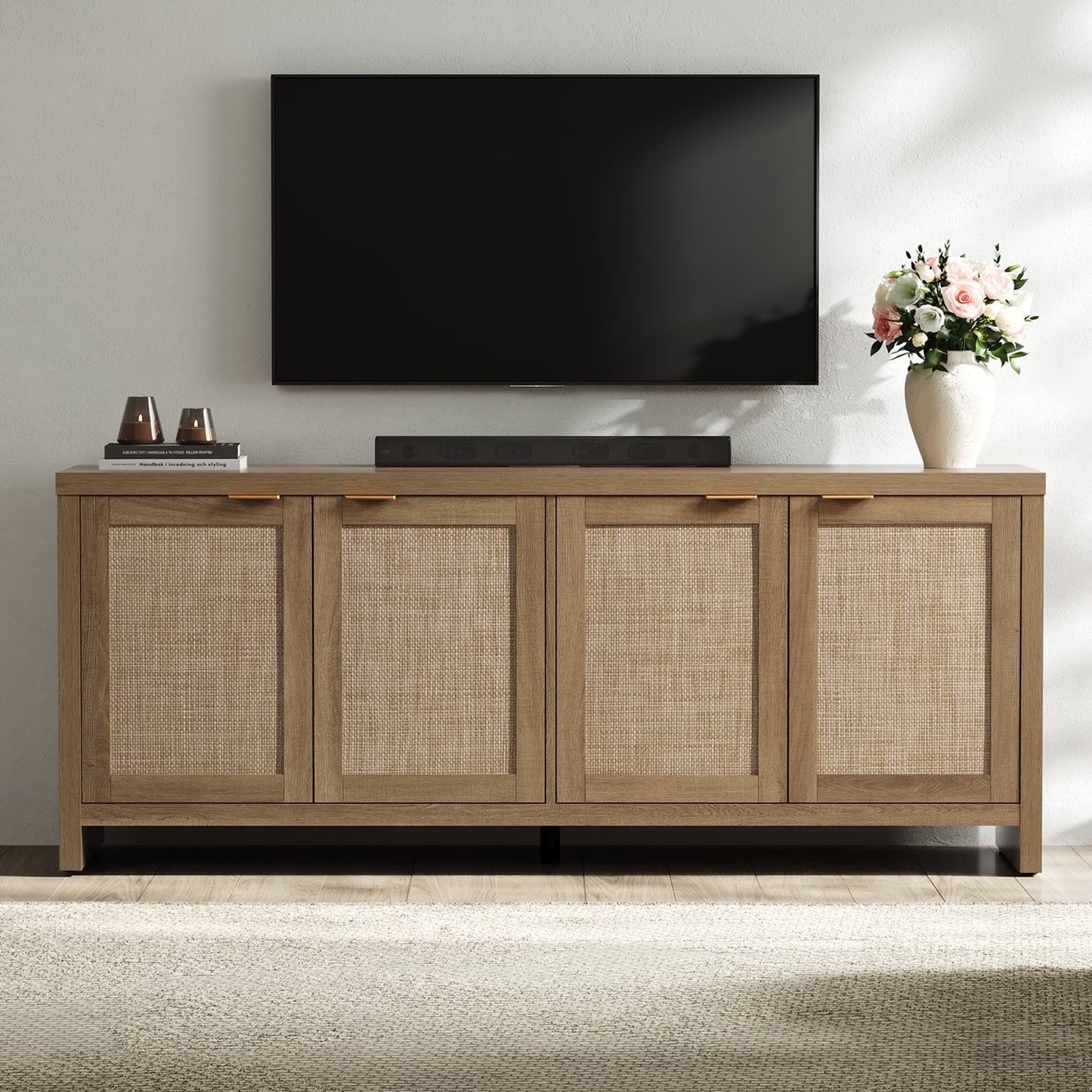 SICOTAS 61.5"W Rattan TV Stand with 4 Doors, Boho Entertainment Center with Adjustable Shelves Spacious Countertop �C Large Boho Farmhouse Media Console for Living Room, Reclaimed Caramel Oak(Natural Oak/Single)