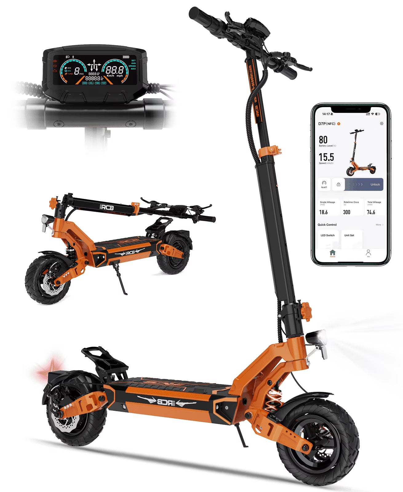 Electric Scooter for Adults, Max 70miles Range, 1000W Motor, 48V 27Ah Battery, 10" Anti-Flat Tires, Dual Shocks, APP ControlNFC - RCB D7PRO