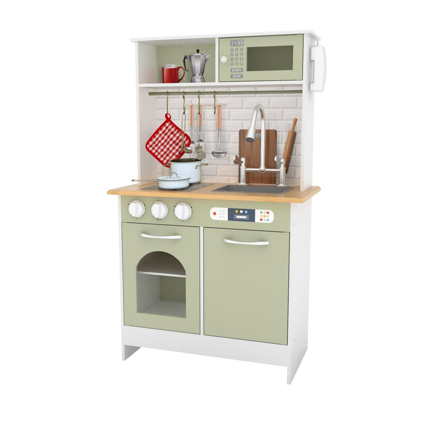 Teamson Kids Little Chef Boston Modern Kitchen Playset. 9 Pcs Acc Set. Oven. Microwave. Burner. Sink. White/Green