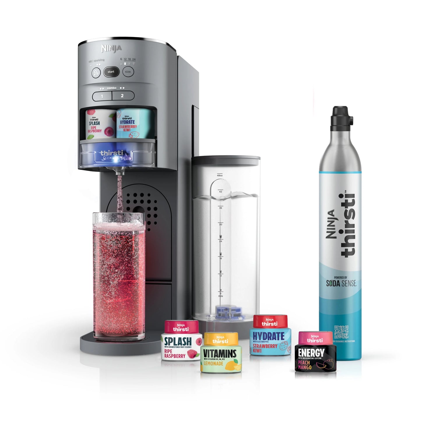 Ninja Thirsti Drink System Complete Still and Sparkling Customization Drink Kit with CO2 Canister, Flavors, and 48oz Reservoir