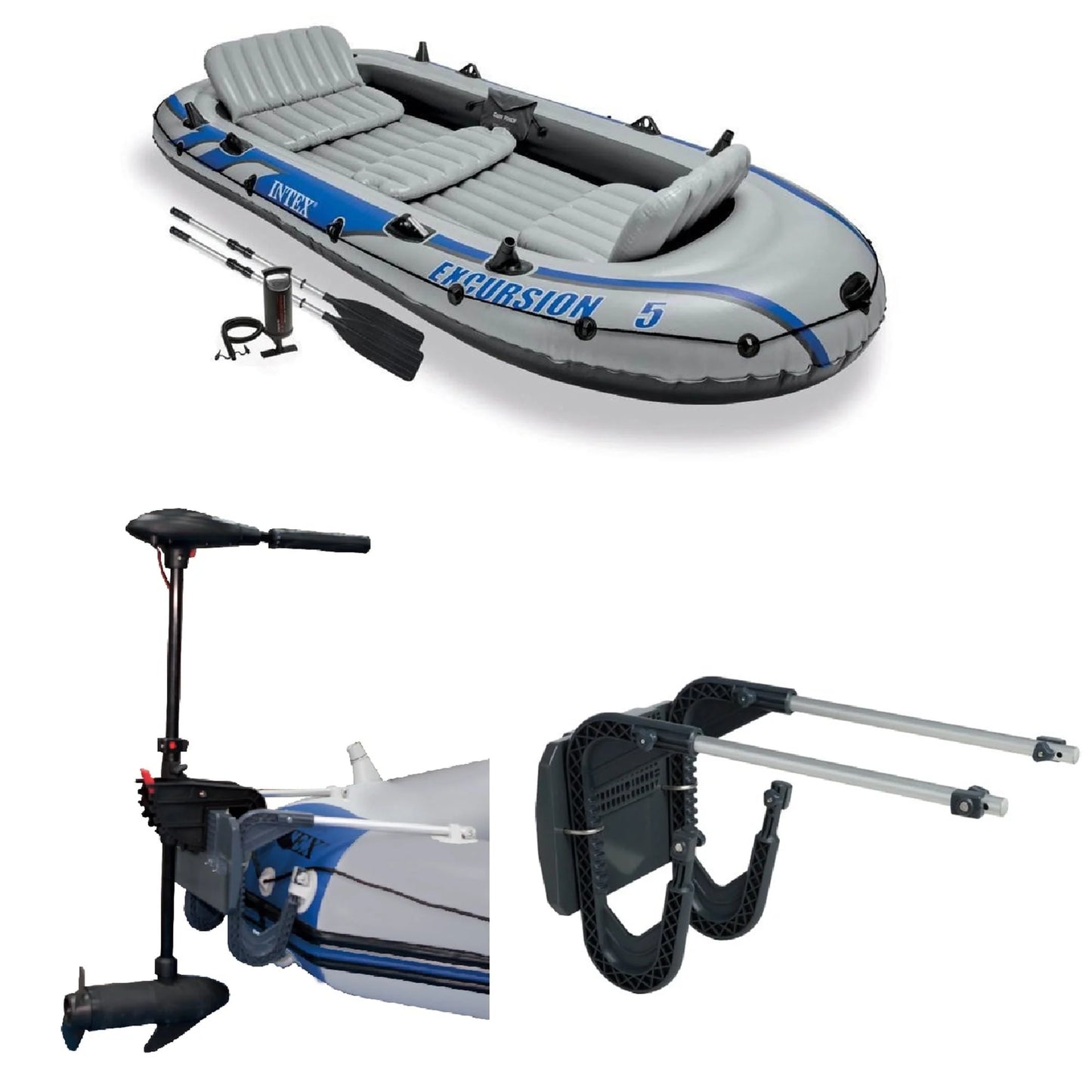 Intex 5 Person Inflatable Boat Set, Trolling Motor, Boat Motor Mount Kit