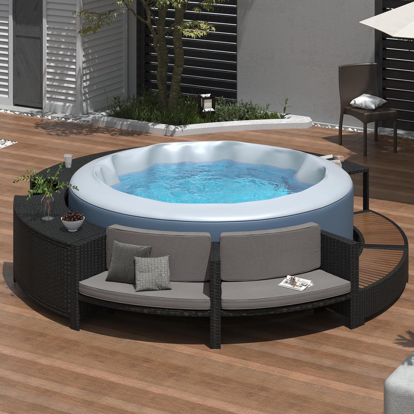 Round Hot Tub Surround Furniture, Spa Surround Outdoor Rattan Sectional Sofa Set with Mini Sofa, Solid Acacia Wood Hot Tub Storage Surround Patio Furniture Set, Gray Cushion(Round Spa Frame-Gray)