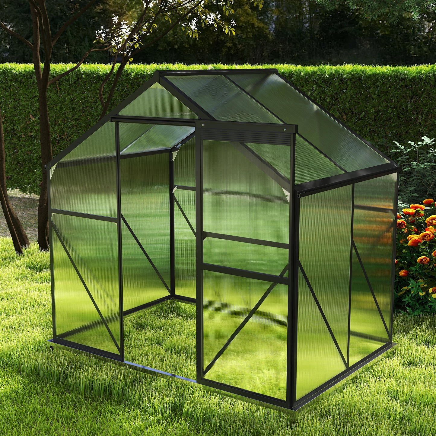 Asofer 6' x 4' Greenhouse for Outdoors, Aluminum Walk-in Green Houses shed with Rain Gutter and Roof Vent for Backyard(6' x 4')