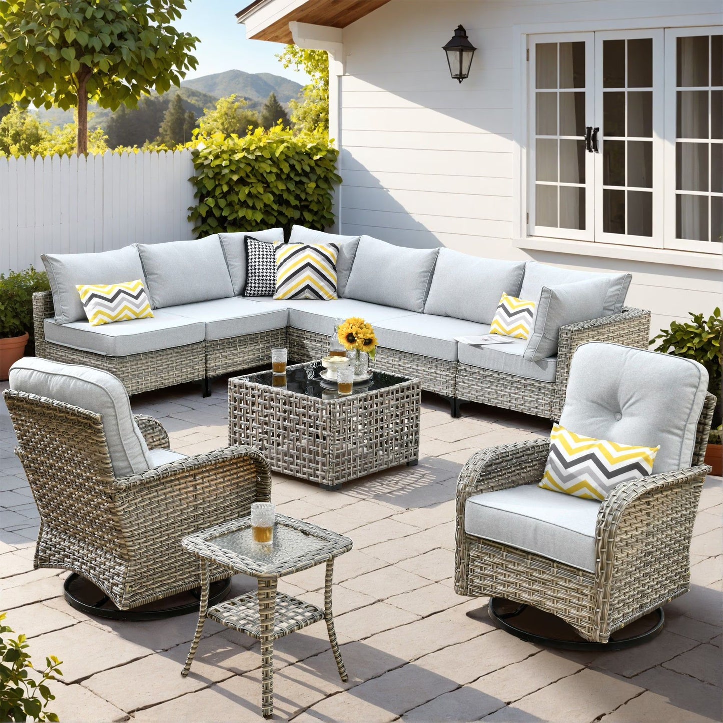 Vcatnet Outdoor Patio Furniture Sets 10 Pieces Sectional Sofa Wicker Conversation Set with Swivel Glider Chairs and Solar Powered Coffee Table for Porch,Backyard,Gray(Gray)