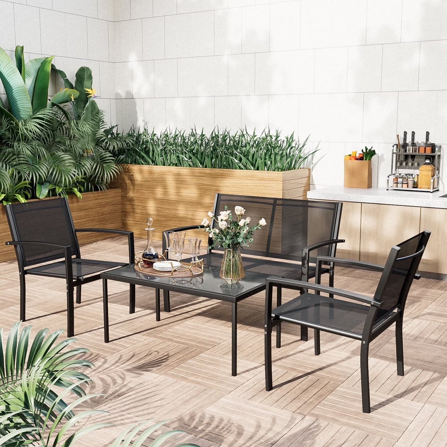 LACOO 4 Pieces Outdoor Furniture Set Patio Textilene Steel Conversation Set with Loveseat Tea Table for Lawn and Balcony, Black(Black)