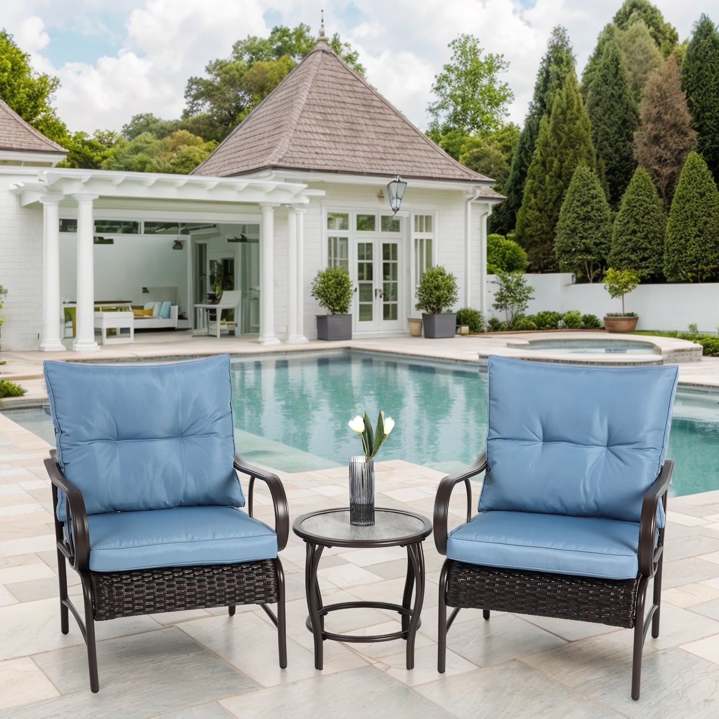 Villeston 3 Piece Outdoor Wicker Conversation Patio Set, with 2 Chairs, Table for Porch Garden,Blue(Blue/3 Pack)