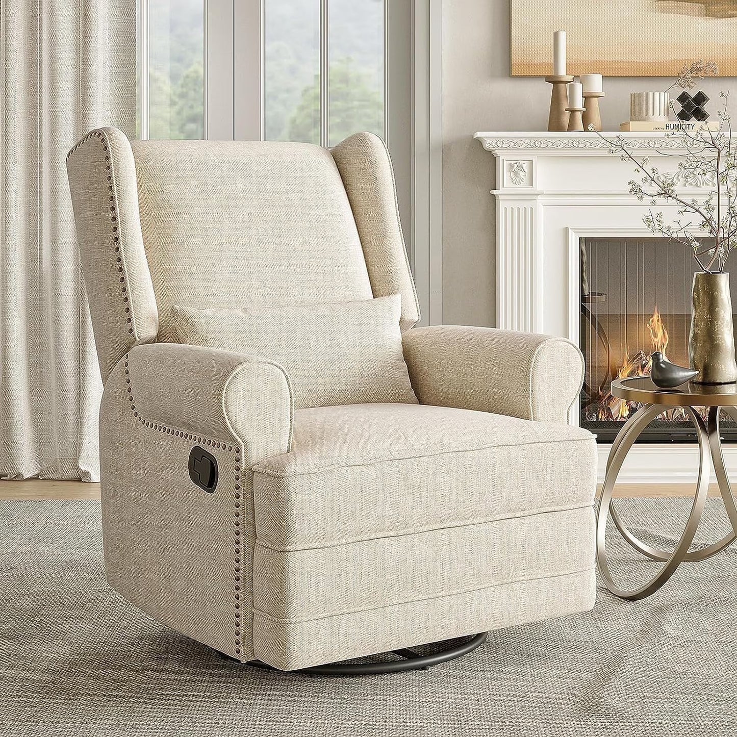Royalcraft Swivel Nursery Glider Recliner, Comfy Upholstered Glider Chair with Lumbar Pillow and Footrest, Beige(Beige)