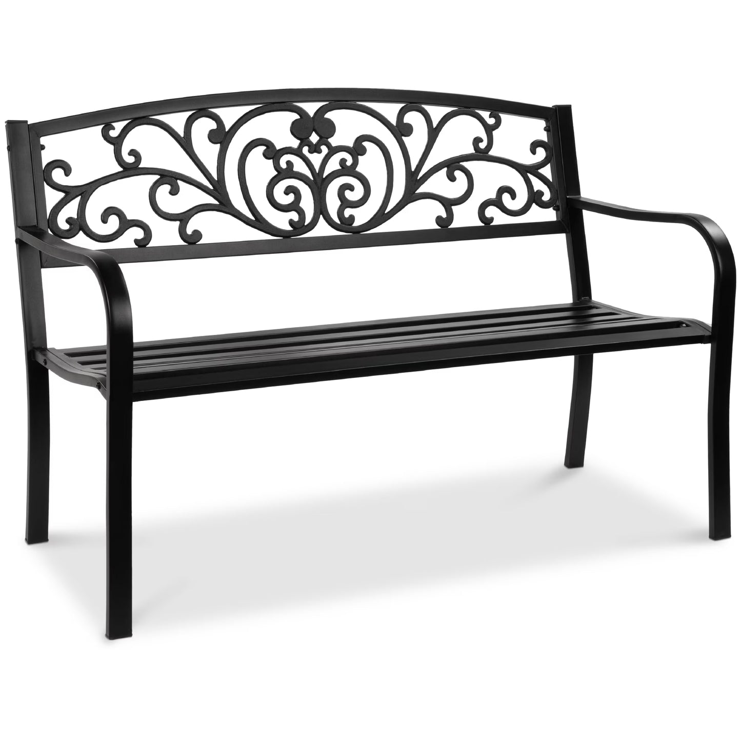 Best Choice Products Outdoor Steel Bench Garden Patio Porch Furniture w/ Floral Design Backrest - Black(Black)