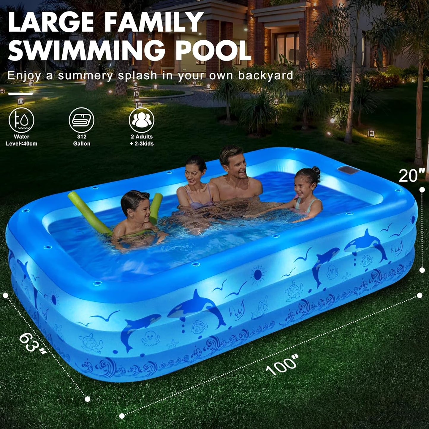 2025 Upgrade Inflatable Pool with Lights, Powered Family Swimming Pool for Kids Adults, Thickened Backyard Pool - Blue(Blue)