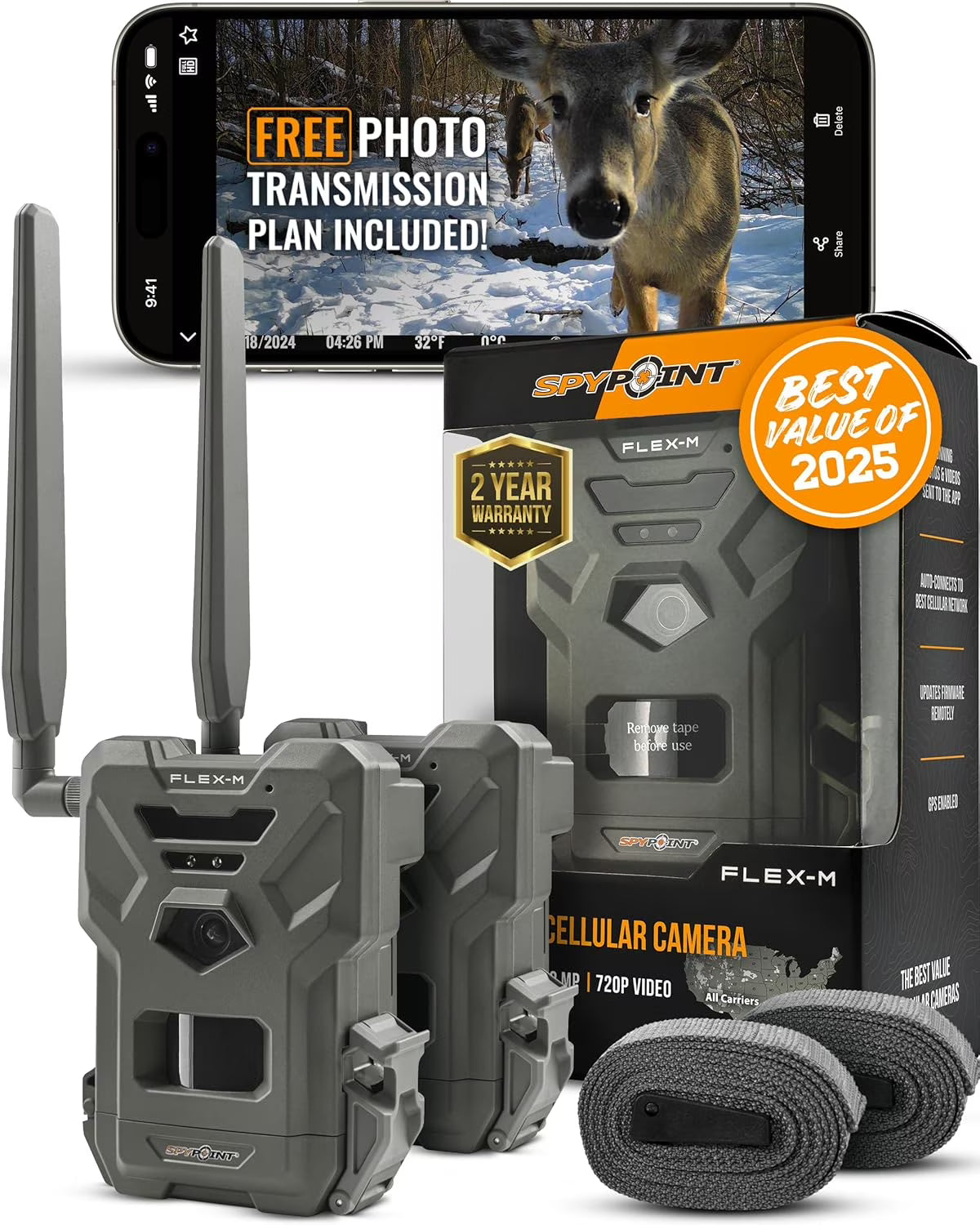SPYPOINT Flex-m Twin Pack Cellular Trail Camera �C Hunting Trail Monitor with GPS, Night Vision, Dual-Sim LTE, IP65 Water-Resistant(Single)