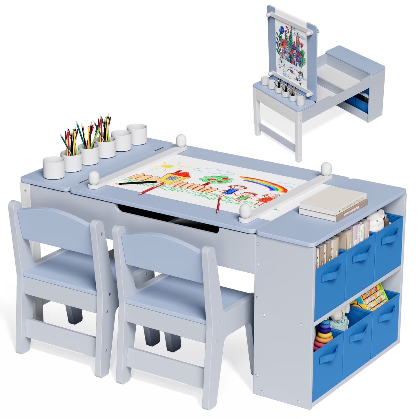 LAZY BUDDY Kids Art Table and 2 Chairs Set, 2 in 1 Easel Toddler Craft Table and Chairs Set with Storage Bins, Paint Cups and Paper Roll, Activity Table Set for Children 3+(Blue)