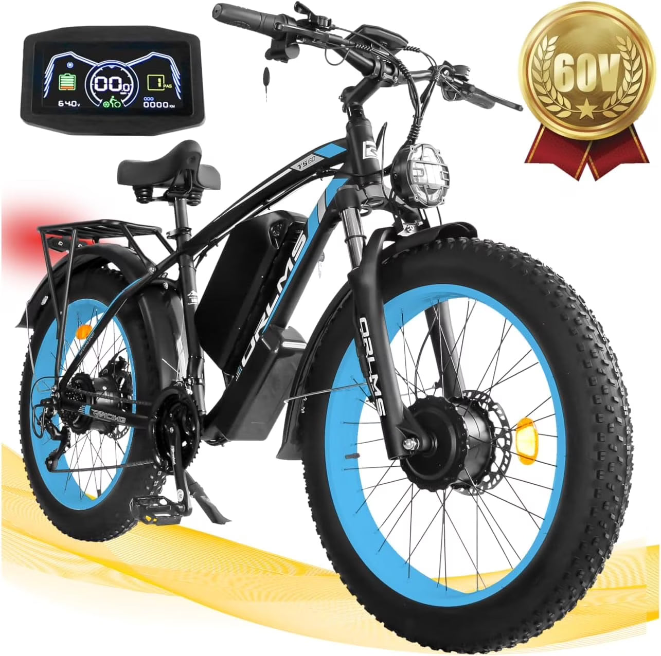 5000W (Peak) Electric-Bike for Adults, 60V 25AH Battery Electric Motorcycle, Dual-Motor-Ebike 50MPH Ebike, 26*4.0 Fat Tire Electric-Bicycle, AWD 21-Speed Mountain Bike for All-Road UL 2849(Black-Blue)