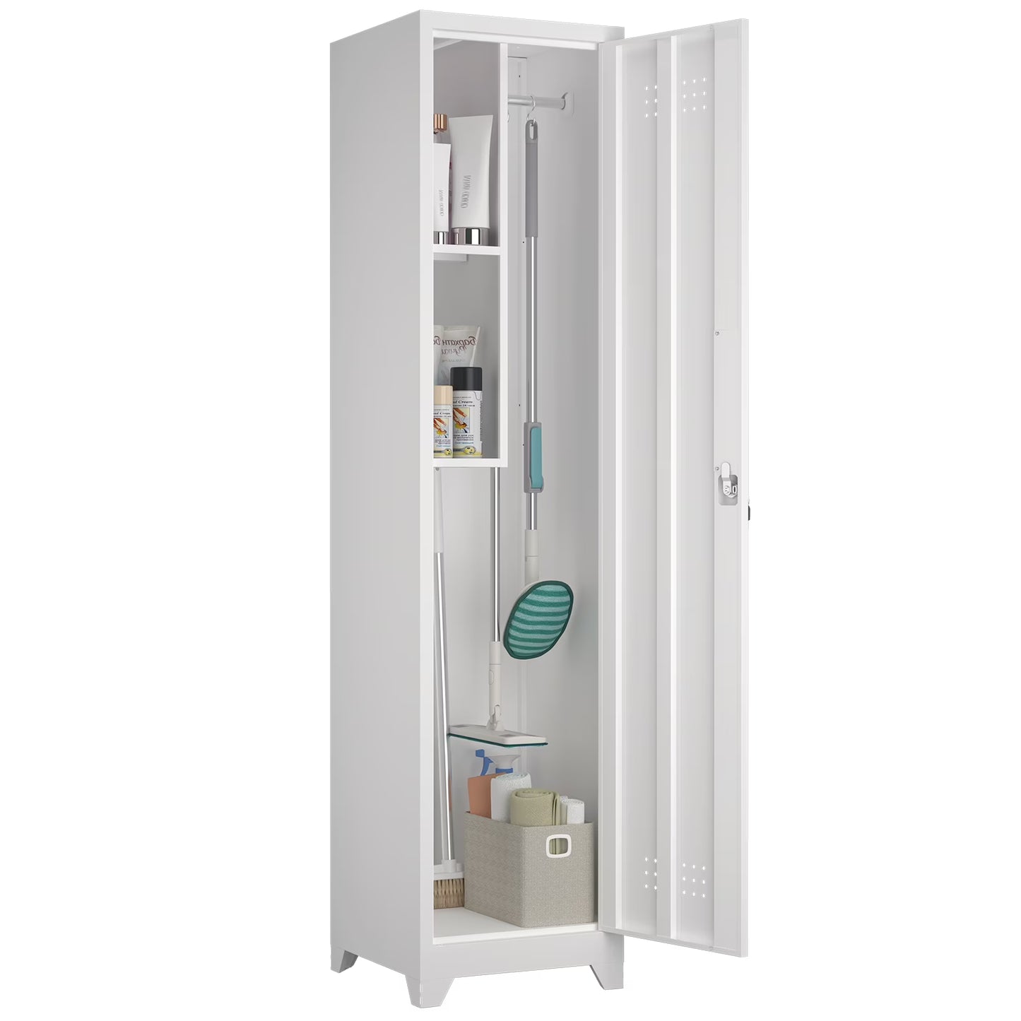Marcree Slim Broom Storage Cabinet, Metal Cabinet with Shelves and Hanging Rod, 65" Utility Storage Cabinet with Locking Door, Tall Cleaning Storage Cabinet for Kitchen, Pantry, Office, Shop, Garage(White)