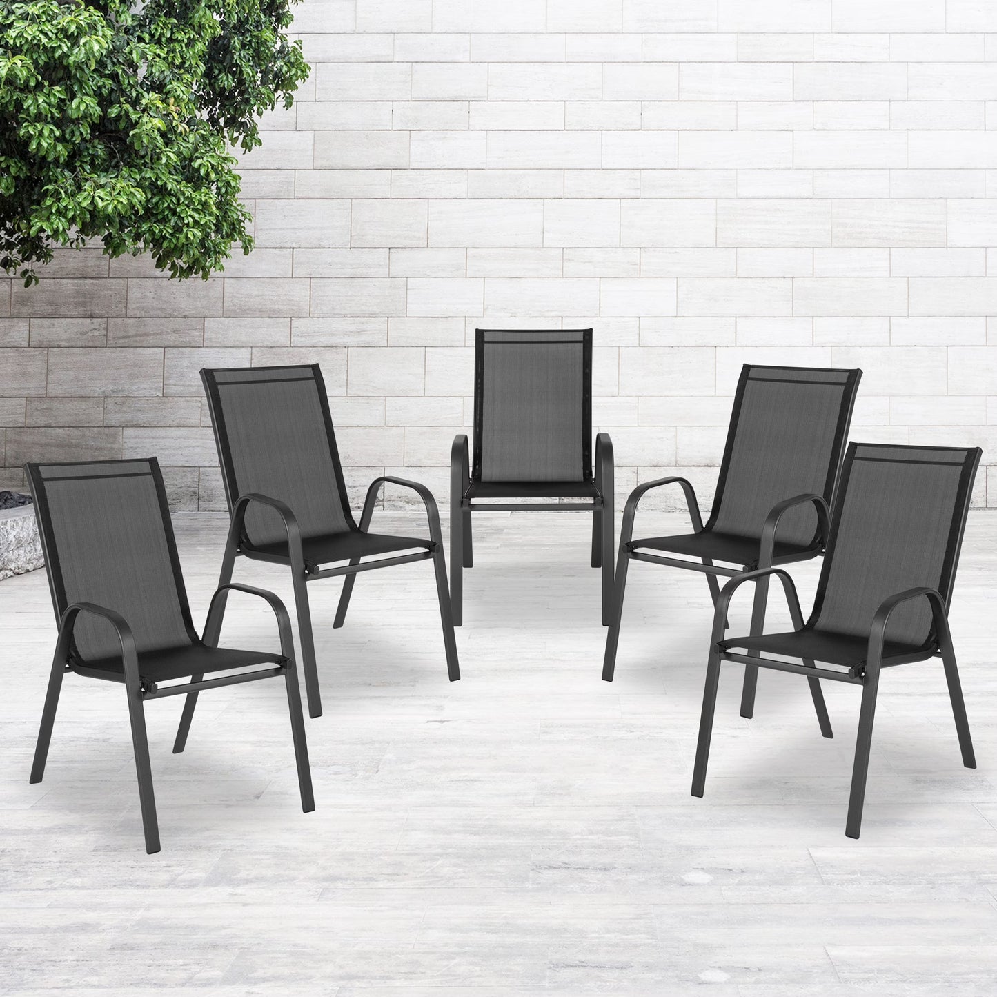BizChair 5 Pack Black Outdoor Stack Chair with Flex Comfort Material and Metal Frame(Black)