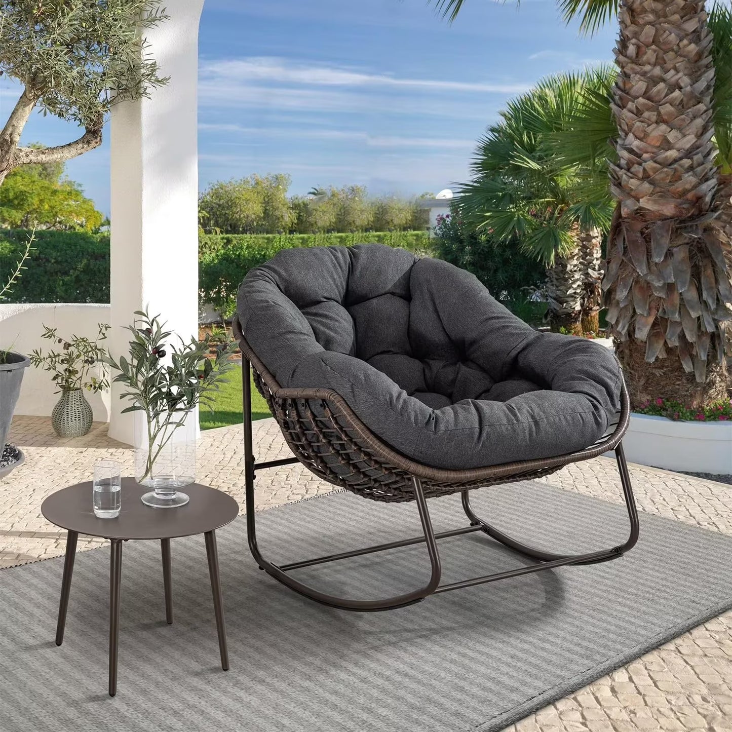 Outdoor Papasan Rocking Chair, Patio Oversized Wicker Egg Rocking Chair, Indoor Outdoor Comfy Rocker Chair with Thick Cushion, Modern Lounge Chair for Front Porch, Garden, Backyard, Grey(Grey)