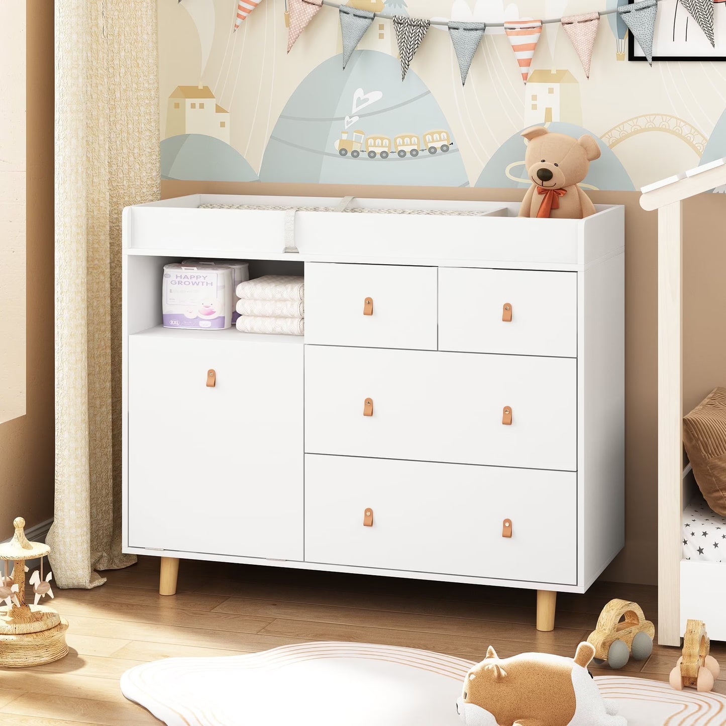 OXYLIFE 45" Baby Nursery Changing Table Dresser with 4 Drawers and Shelf for Nursery Room, White(45''White+4 Drawers)