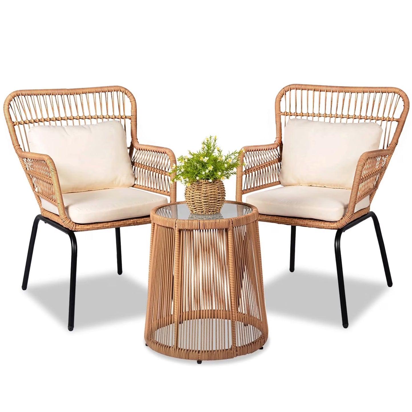 Tappio 3-Piece Patio Conversation Bistro Set Rattan Furniture, Outdoor Patio Set w/Glass Top Table Cushions for Garden Balcony Backyard Poolside, Yellow/Beige(Yellow/Beige)
