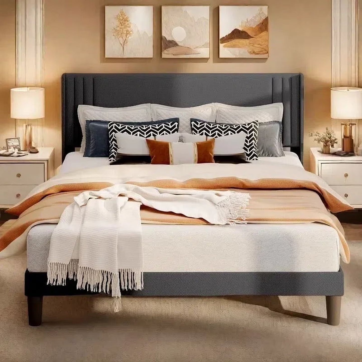 Full Size Bed Frame, Bed Frame with Wingback Headboard Hold 850 lbs, Dark Gray(Dark Gray)