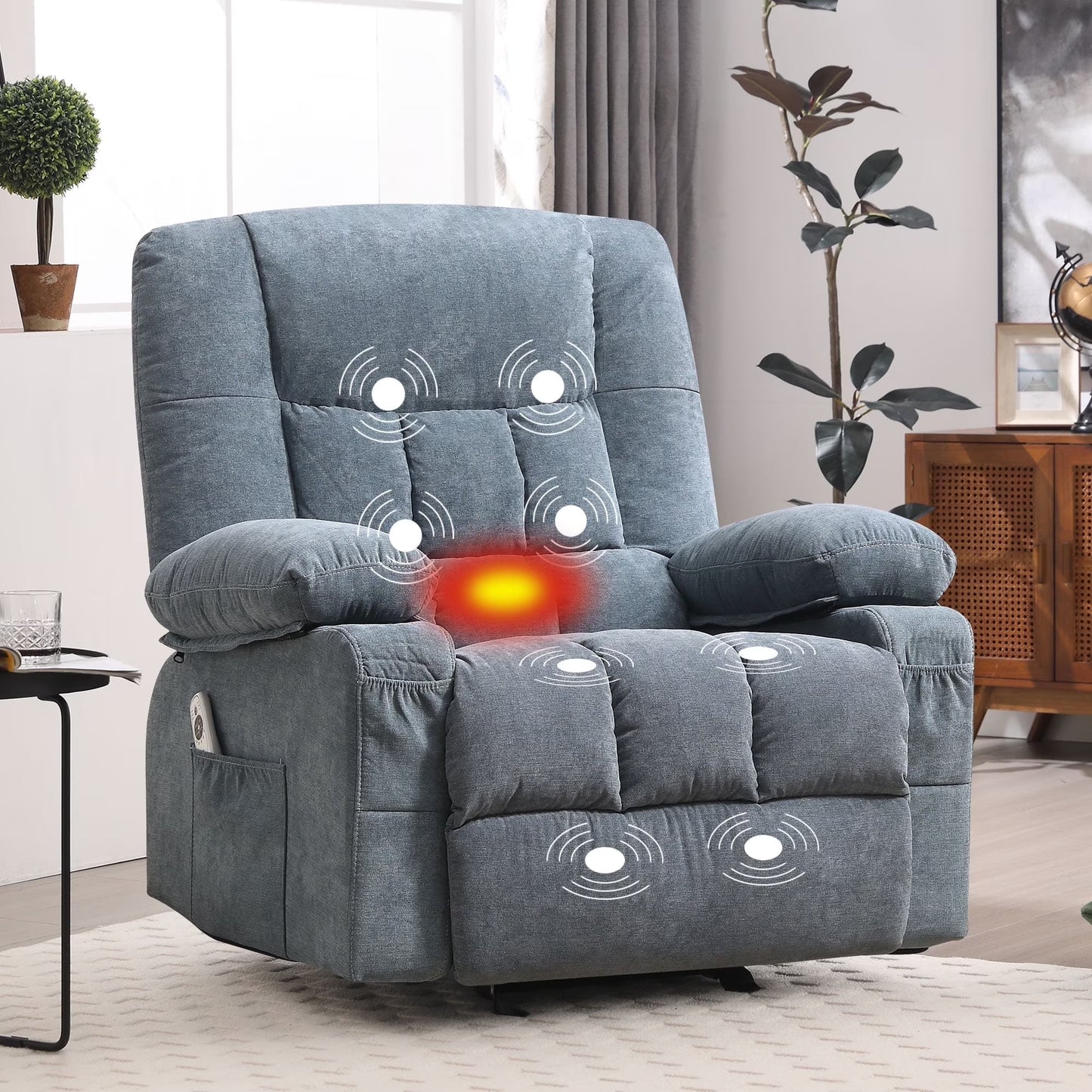 JONPONY Manual Recliner Chair with Heat Therapy and Massage Function, Heavy Duty Reclining Mechanism Massage Chair, Elderly Single Rocker Sofa with Cup Holders for Bedroom Home Theater,Blue(Regular-Blue)