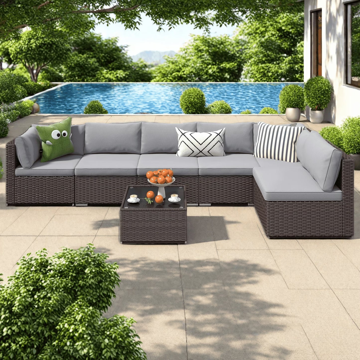 Patio Furniture Set Clearance Lofka Outdoor Sectional Furniture Sofa Set with Tempered Glass Table for Backyard, Garden Poolside, Gray Cushions(Gray)