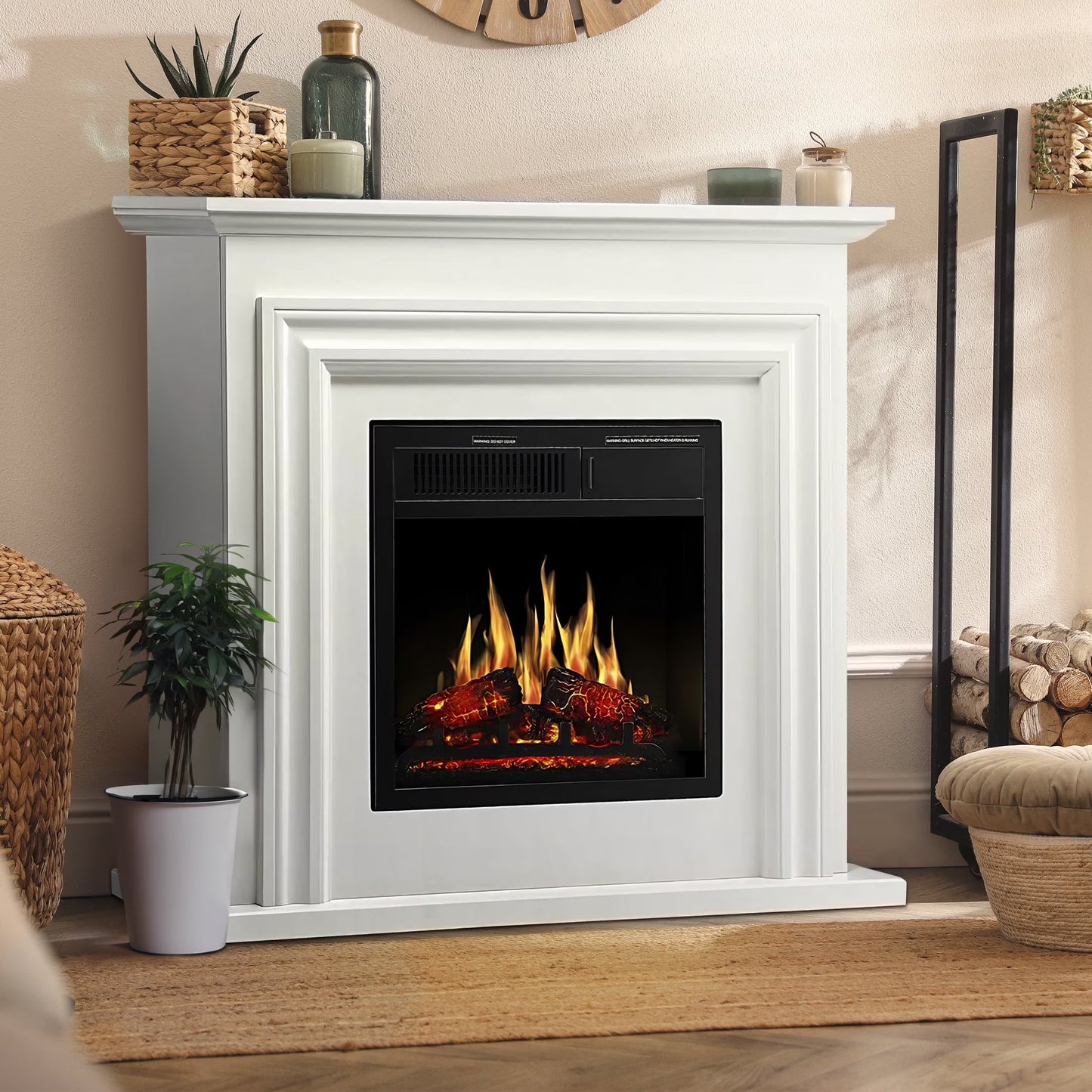 KISSAIR Electric Fireplace Mantel Wooden Surround Firebox, Free Standing Fireplace, with Remote Control, Adjustable LED Flame, 750W/1500W -White(White)